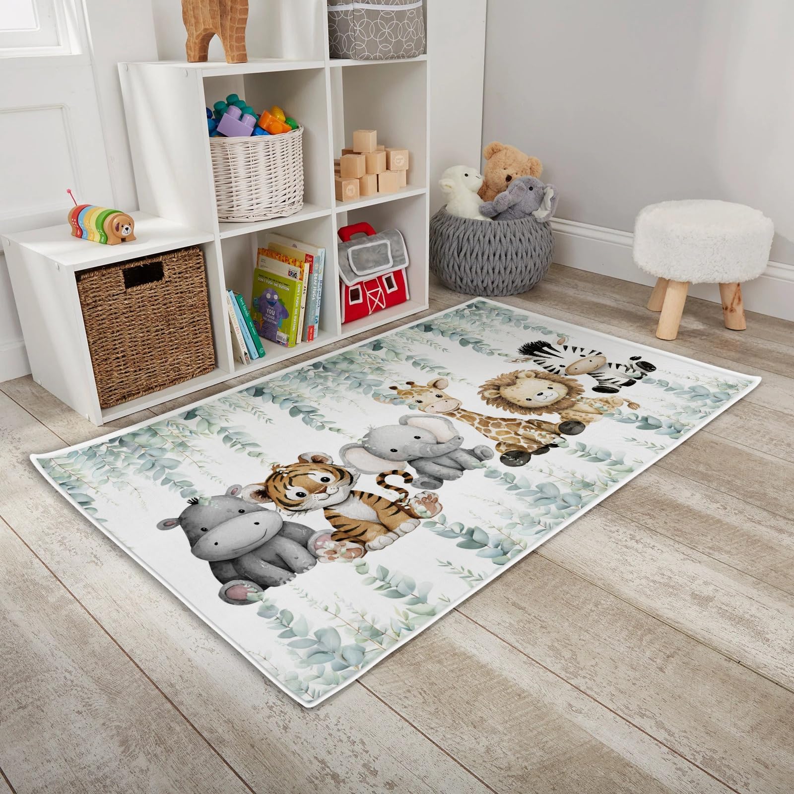 HawSkgFub Baby Toddler Boy Girl African Safari Jungle Animals Playroom Area Rug, Elephant Giraffe Lion Zebra Non Slip Nursery Play Mat Carpet, Neutral