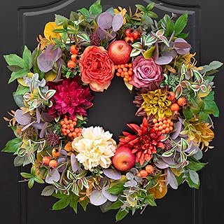 Fall Wreaths for Front Door Outside Autumn Wreath with Flowers, Apples, Berries & Leaves Fall Wreath for Outdoor Wreaths for Front Door, Autumn Decor for Outdoor 24 Inch