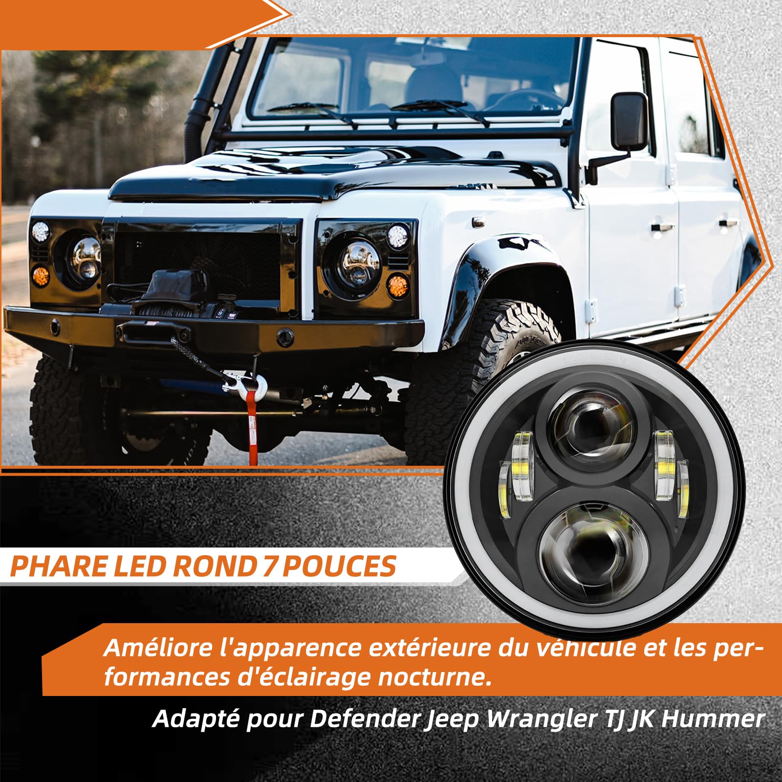 Phare LED 17,8 cm avec lumière de jour halo et clignotants pour phares et antibrouillards pour Defender 90 110