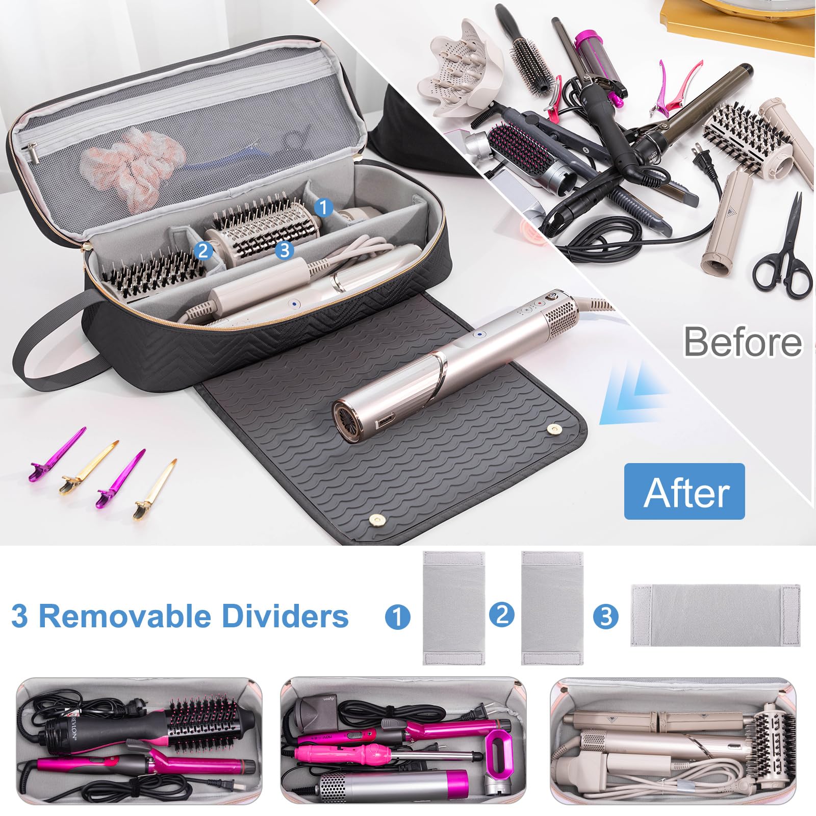 "ELCUPA 2-in-1 Reisetasche für Haarwerkzeuge mit hitzebeständiger Matte für Glätteisen, Glätteisen, Lockenstäbe und Haartrockner-Etui, kompatibel mit AC-Haartrockner