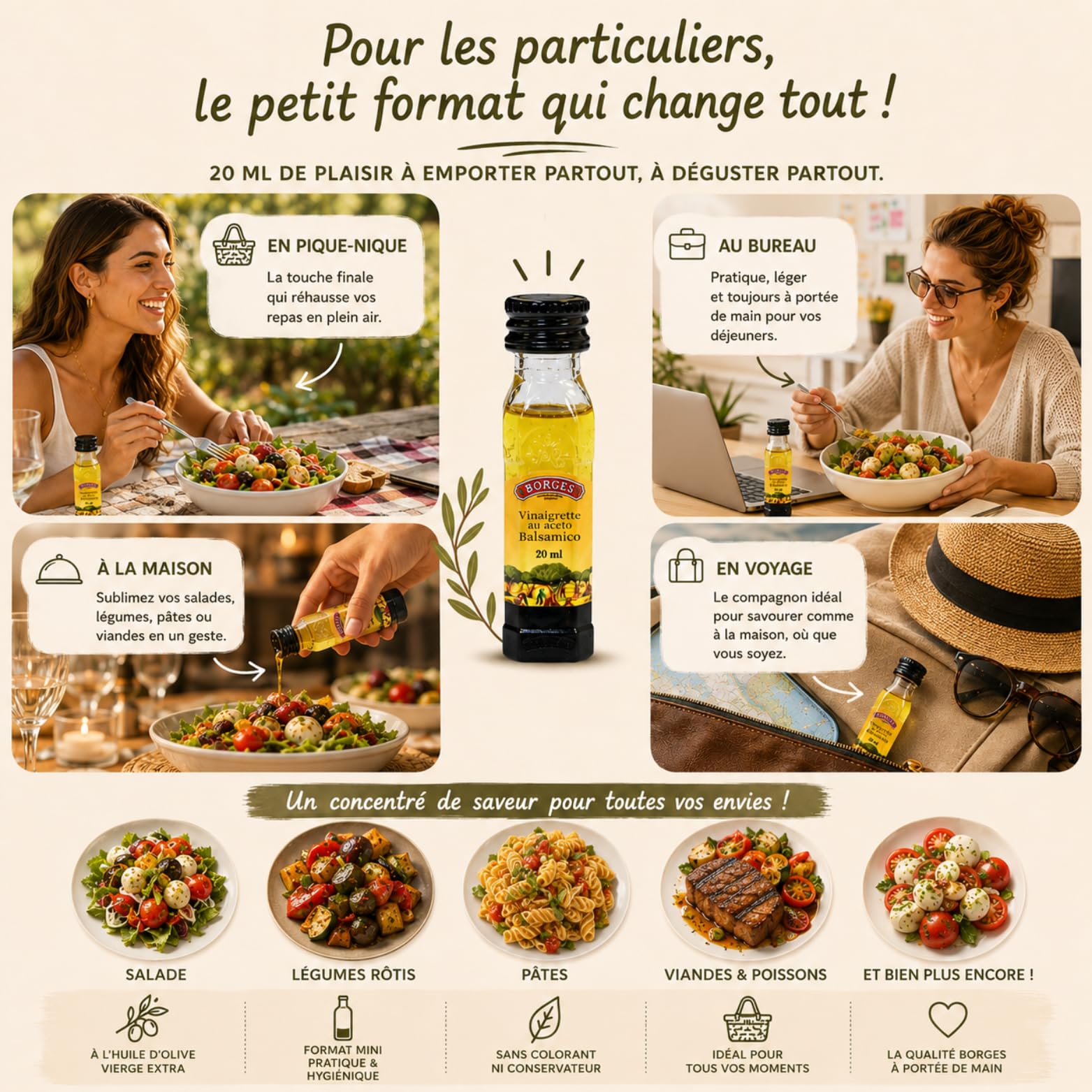 BORGES | 30 Mignonettes de vinaigrette au vinaigre balsamique | Portions Individuelles de 20 ml refermables et pratique à emporter