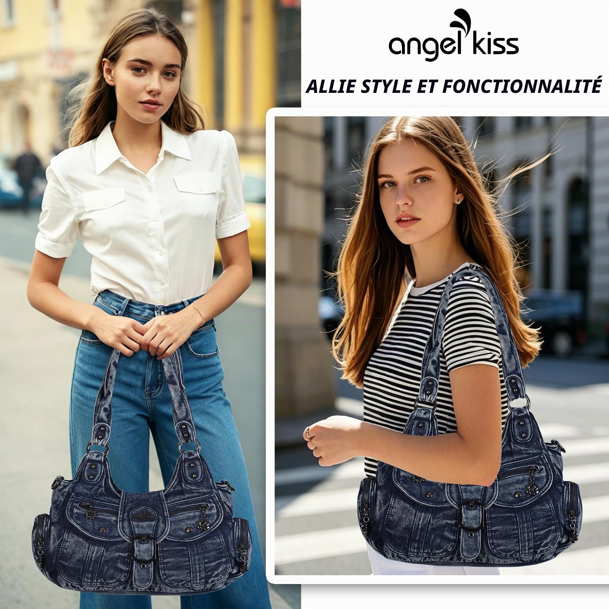 Angel Kiss Sac à Main Femme Souple Cuir PU Sac à Bandoulière Vintage Cabas Hobo Sac Fourre Multi-Poches élégant et spacieux pour Quotidien Travail Shopping et Voyage
