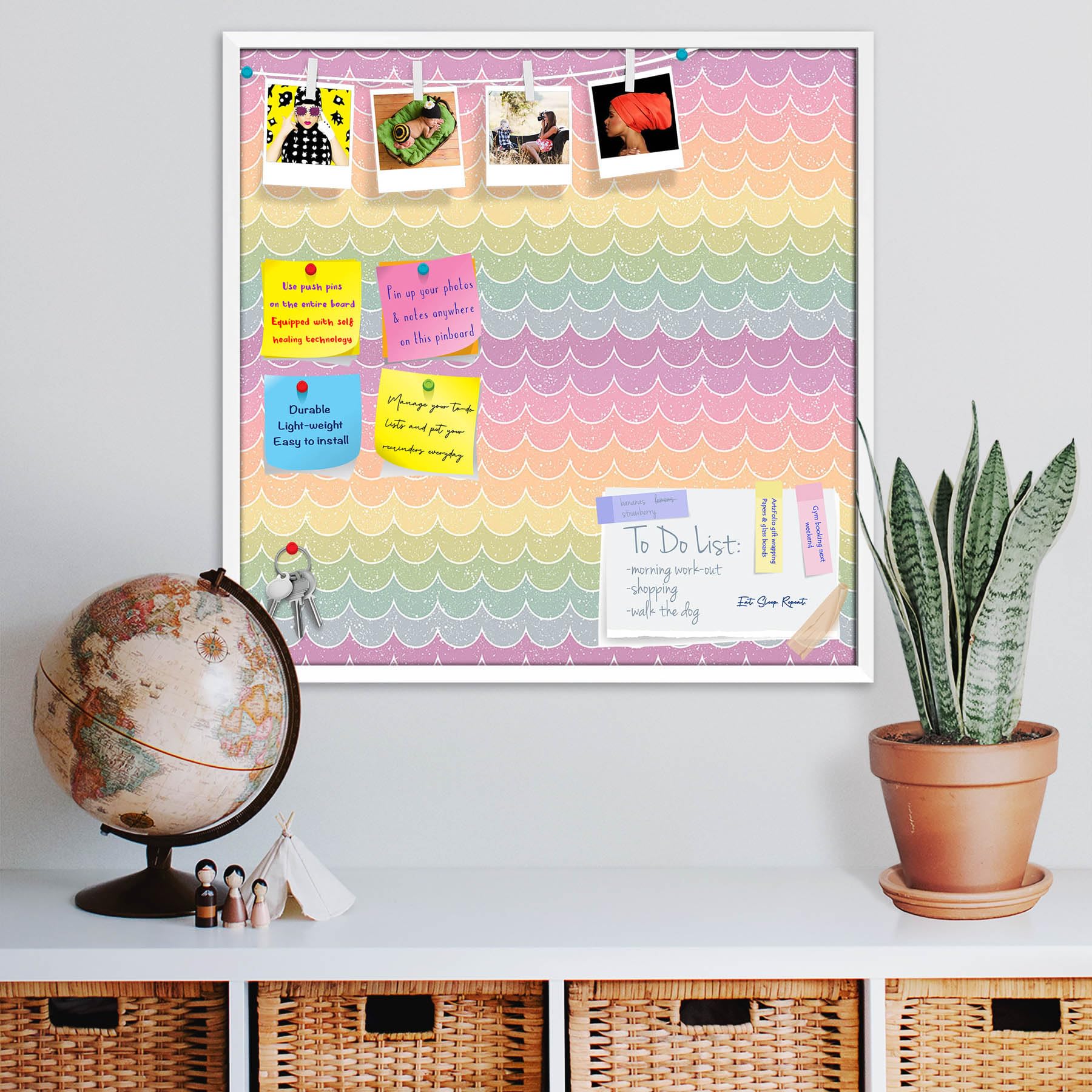 ArtzFolio Wavey | Bulletin Board Notice Pin Board | Vision Soft Board Combo with Thumb Push Pins & Sticky Notes | White Frame | 28 x 28 inch (71 x 71 cms)