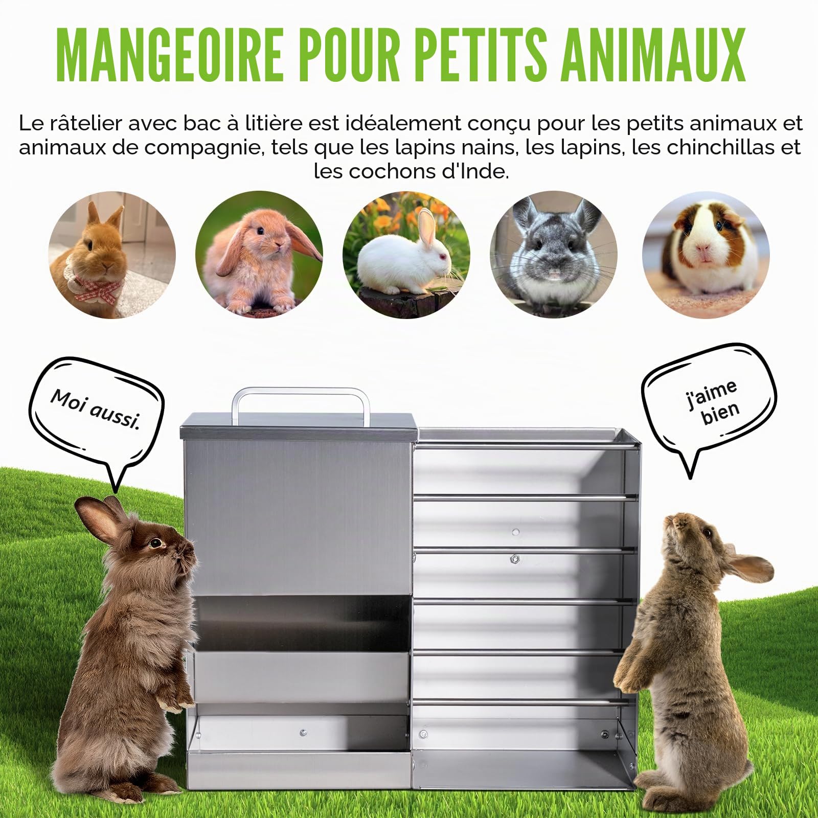 Râtelier à foin 2 en 1 en acier inoxydable - Distributeur de nourriture pour lapins - Litière pour chat - Bouteille d'eau - Gamelles pour hamster