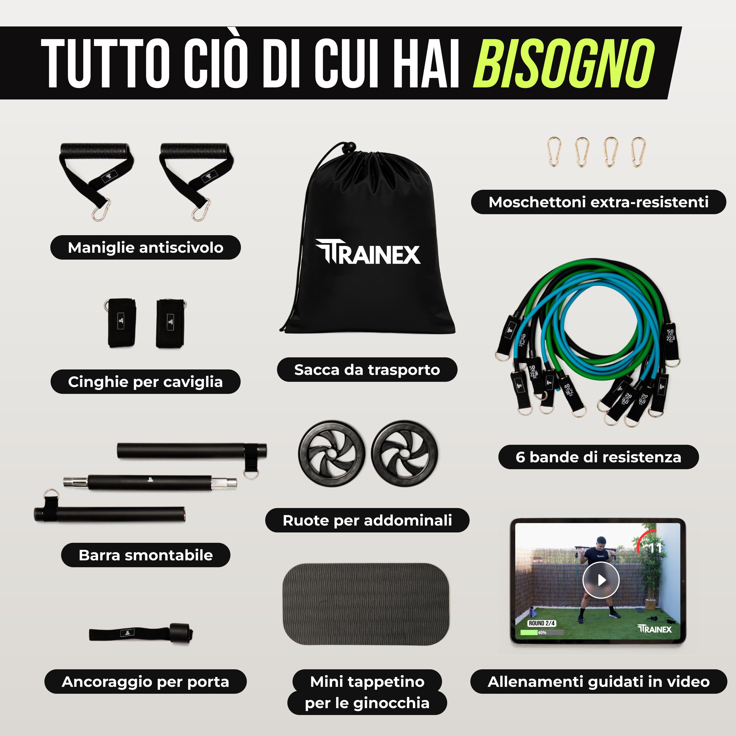 Elastici Fitness con Barra | Bande di Resistenza fino a 100 kg | Kit Allenamento a Casa Completo | Workout Efficace per Tutto il Corpo | TRAINEX