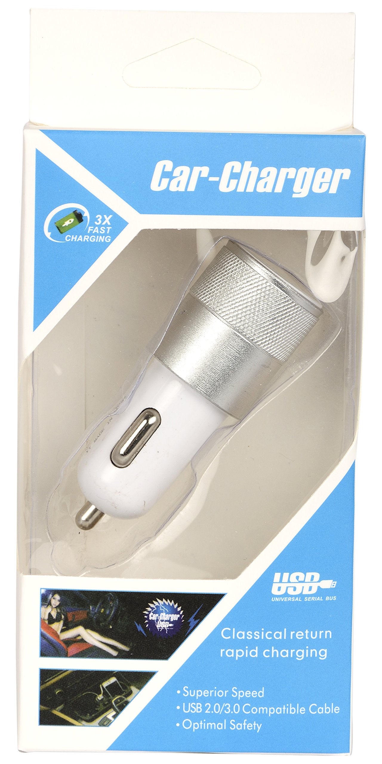 DAB Worldwide Dual USB Portable Car Charger(White and Silver)