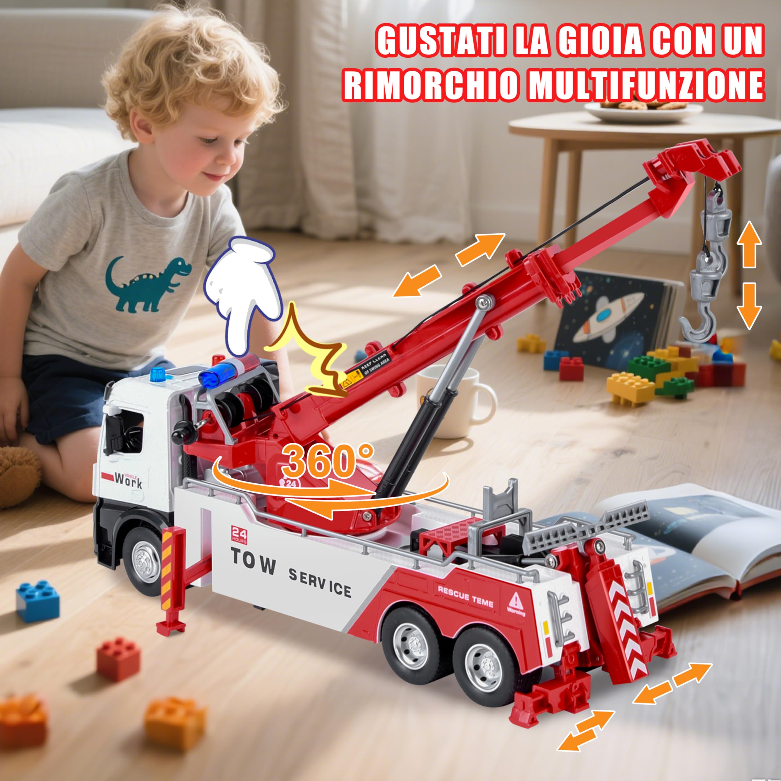 JONRRYIN Carroattrezzi Giocattolo, Camion gru per bambini, Veicolo di Recupero con Luci e Suoni, Camion Trasportatore Funzione, Regalo Giocattolo per Bambini dai 3 Anni in Su