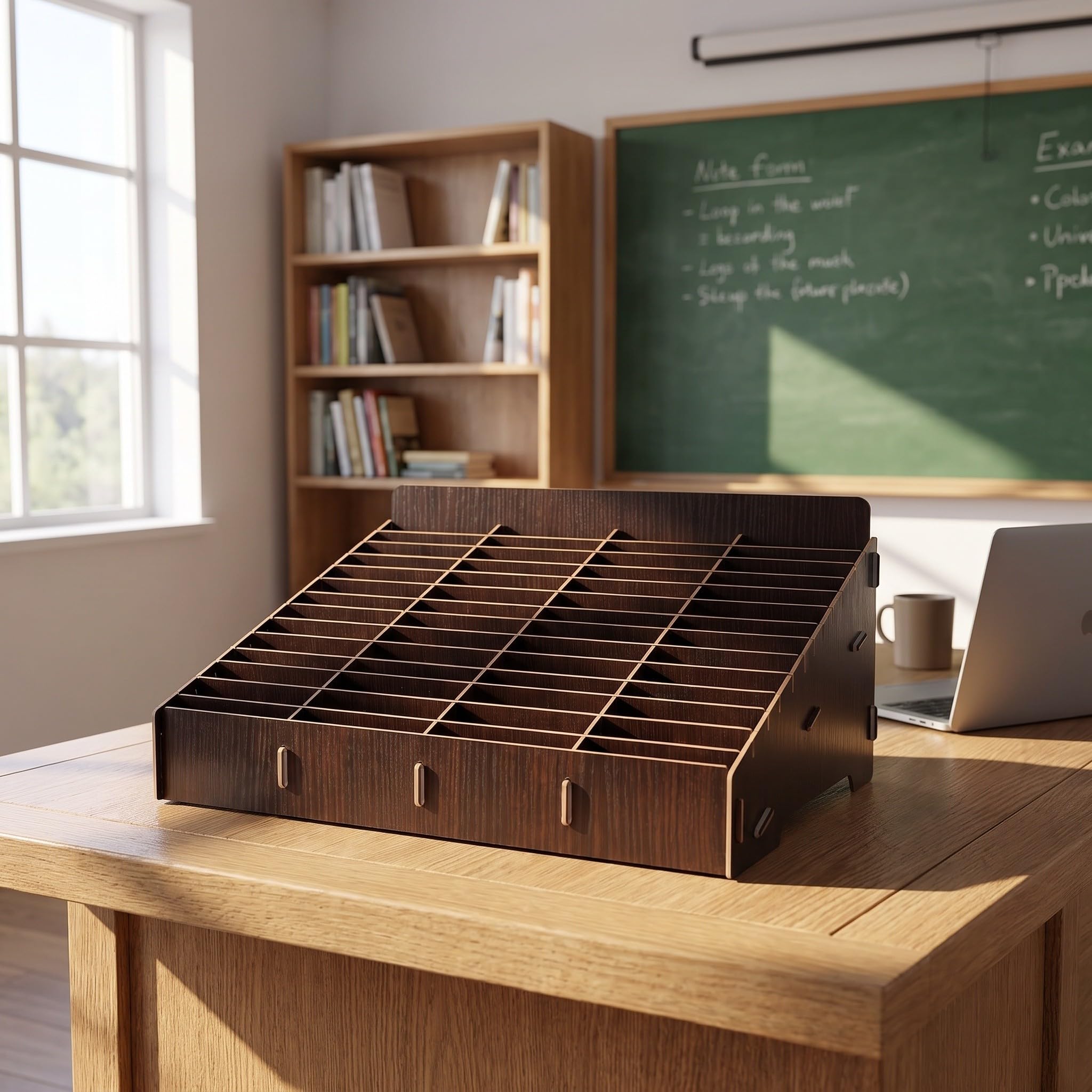 Kisangel Caja organizadora de Madera con 48 Ranuras para Teléfonos, Soporte Inclinado Color Marrón Oscuro, Estante para Almacenamiento de Móviles en Aula, Oficina o Sala de Reuniones