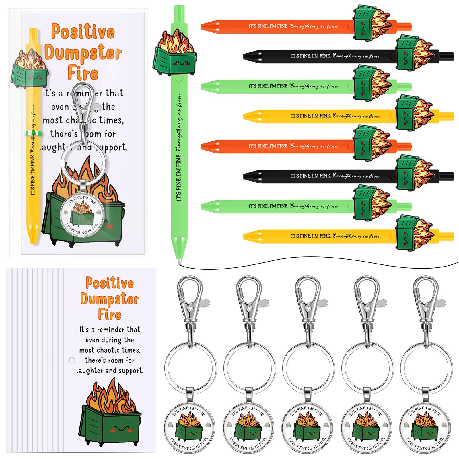 Kosiz 20 Set Christmas Employee Coworkers Gifts Bulk Dumpster Fire Pens Keychains Emotional Support Cute Funny Inspirational Pens Positive Keychains