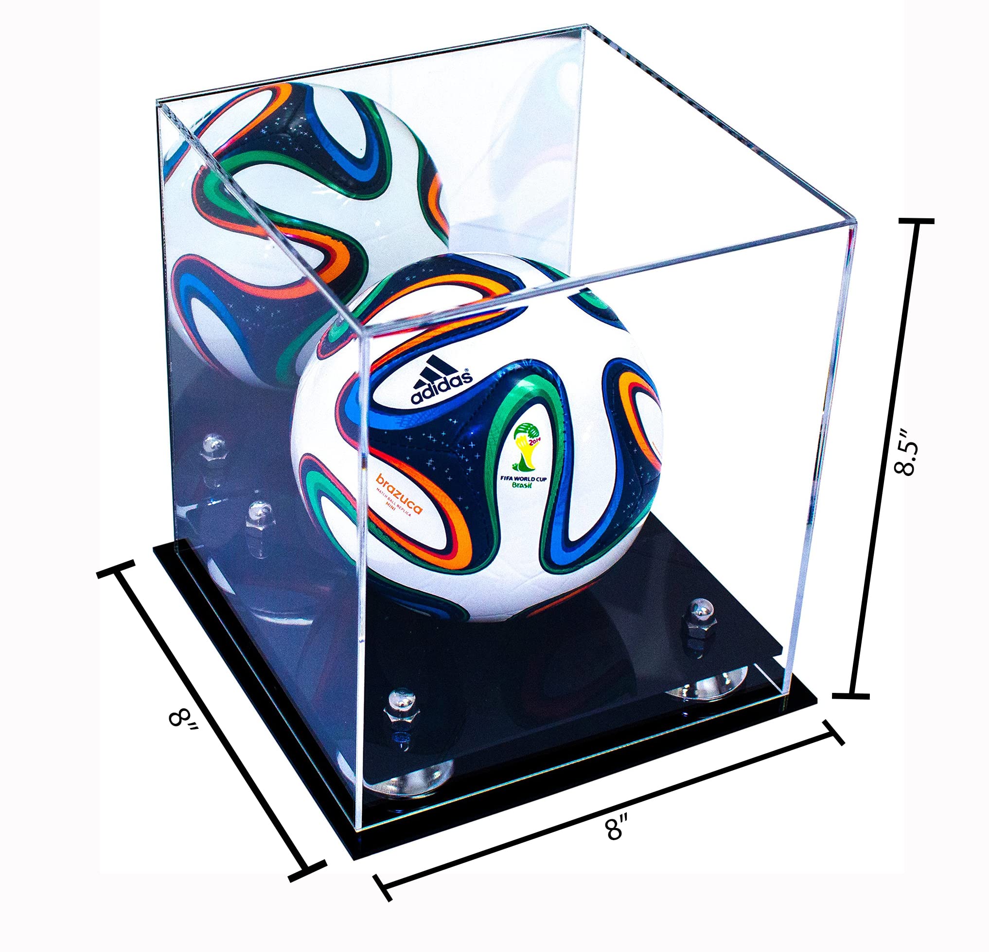 Better Display Cases Acrylic Mini - Miniature (not Full Size) Soccer Ball Display Case with Mirror Case, Silver Risers and Black Base (A015-SR)