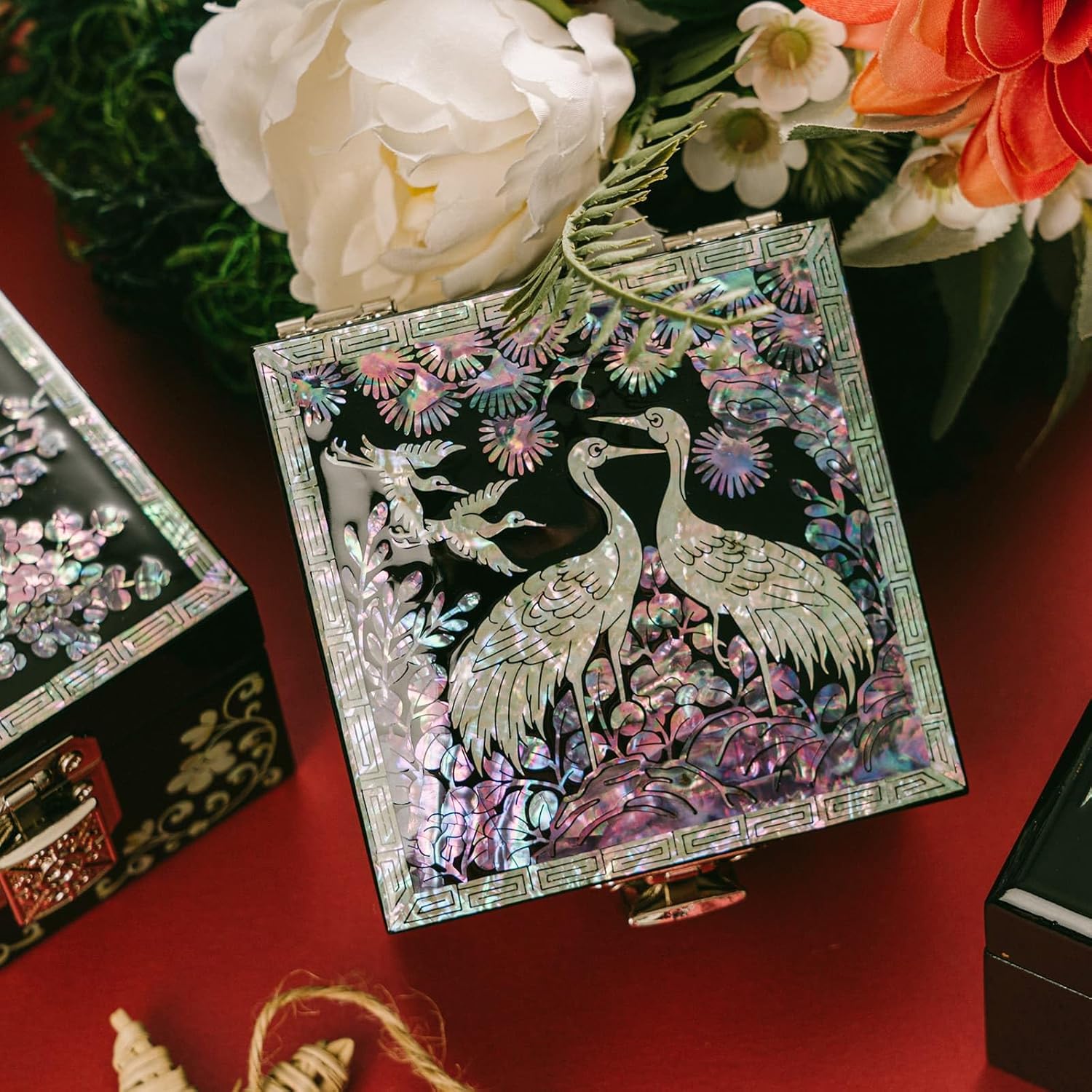 February Mountain Mother-of-Pearl Jewelry Box – Handcrafted Black Lacquered Keepsake with Crane & Bird Design, Red Velvet Interior – Christmas, Birthday Gift, Stocking Stuffer for Women