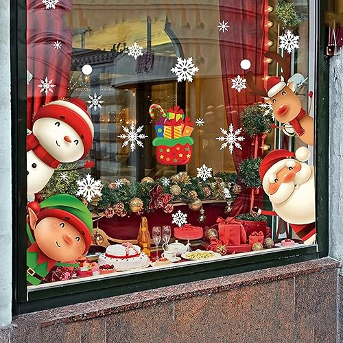 XIMISHOP - 82 calcomanías para ventana con diseño de Navidad, decoración navideña, copos de nieve, Papá Noel, renos, para fiestas