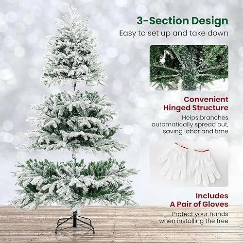 Miniatura 6 de DORTALA Árbol de Navidad preiluminado, árbol de Navidad artificial flocado de nieve de 6 pies con 1022 puntas de rama, 350 luces LED blancas