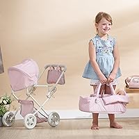 Vista 13 de Olivia's Little World - Cochecito de estilo buggy para muñeca con toldo retráctil, almacenamiento debajo, moisés desmontable, bolsa de viaje