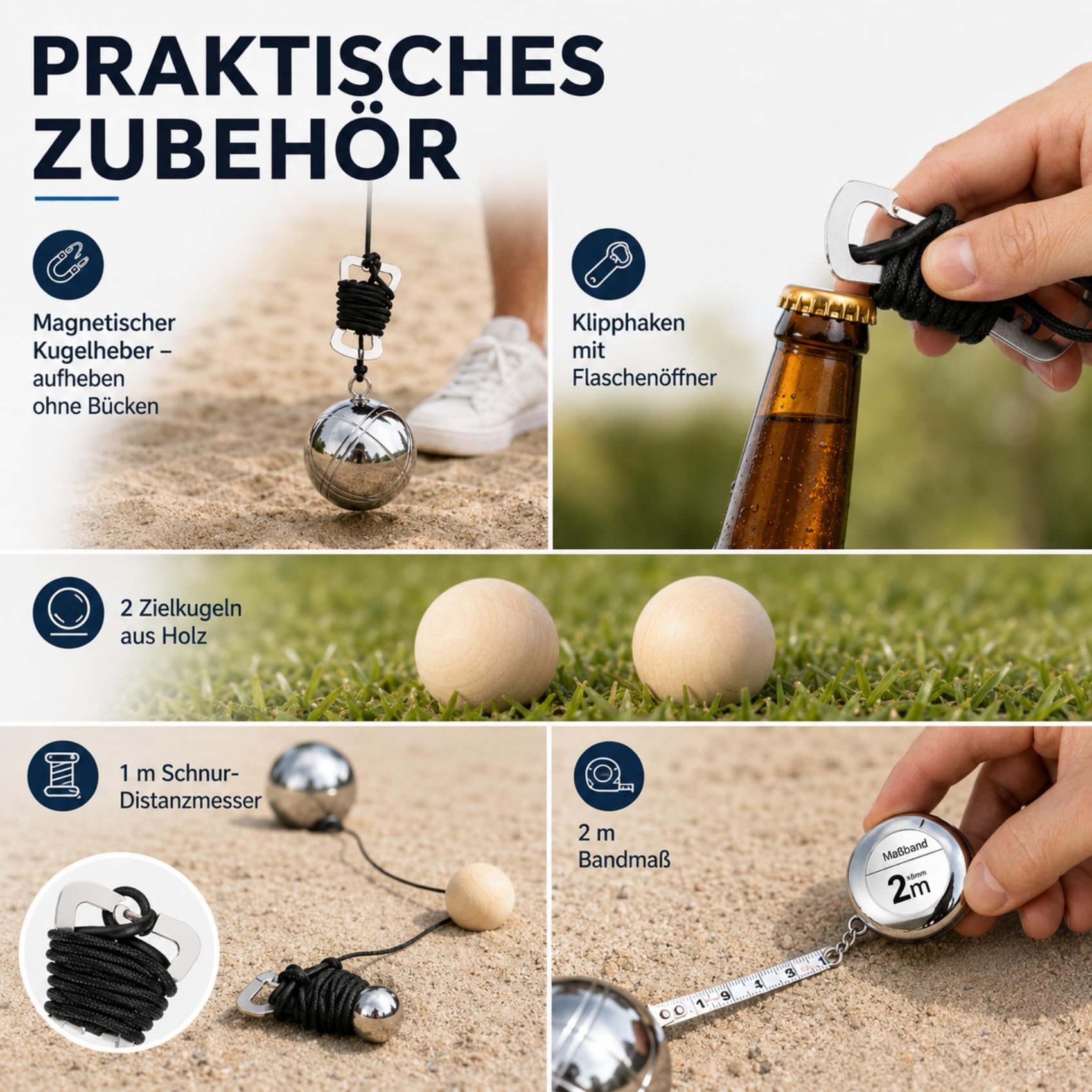 Boule Set 6/8 Metallkugeln mit Hartschalenkoffer–Petanque & Boccia Spiel mit Zielkugel, Abstandsmesser & Tragetasche, Outdoor Gartenspiel für Erwachsene, Camping & Familie