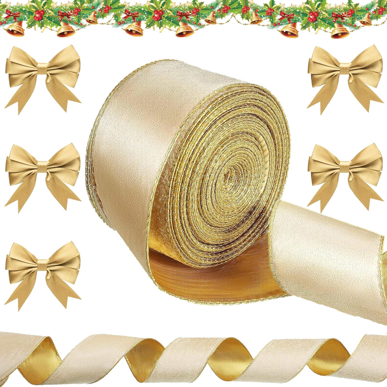 9.1M Satin Gold Ribbons for Gift Wrapping Cake Decoration, Wedding Party - Thick, Velvet, Champagne Gold