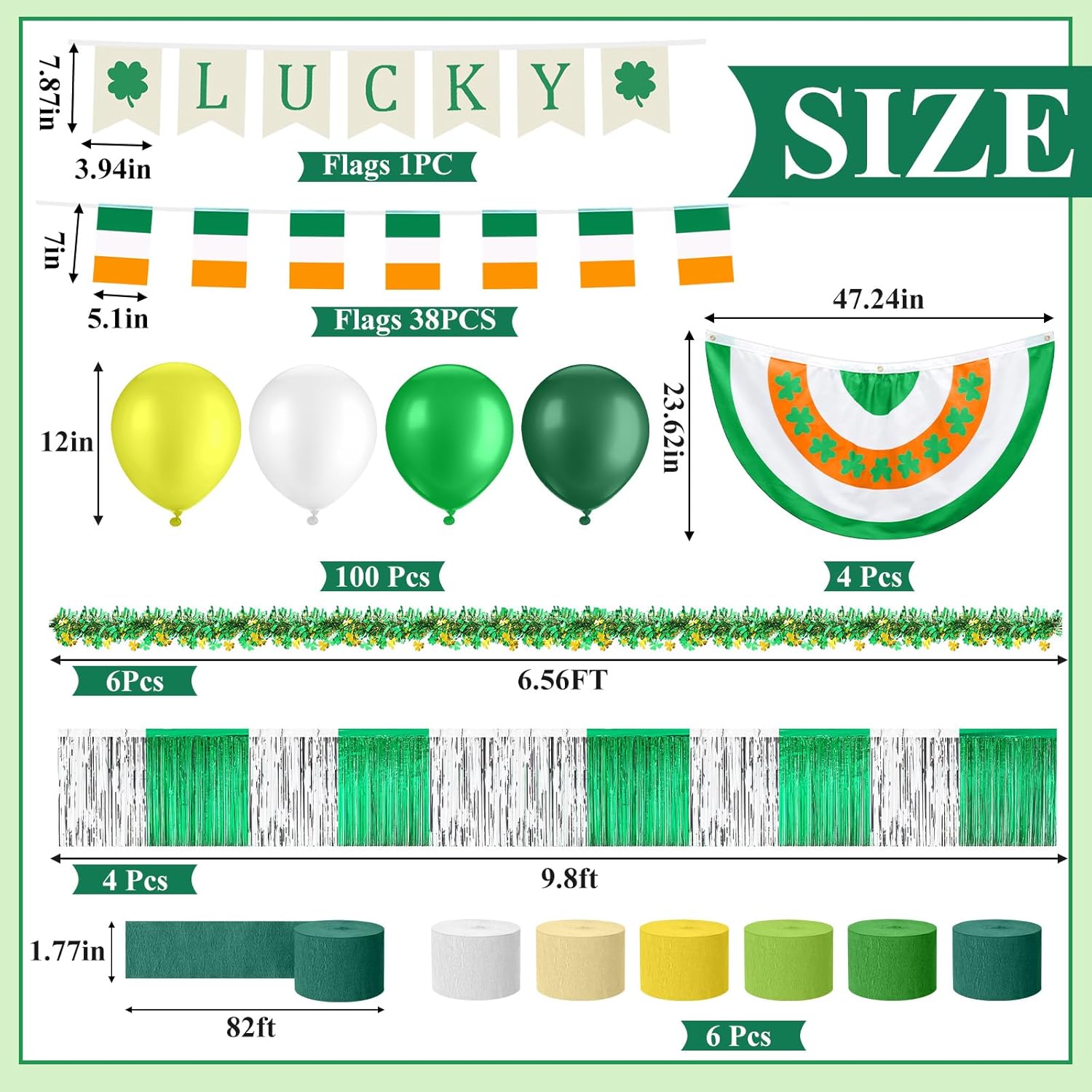 Crowye 122 Pcs St Patricks Day Parade Float Decoration Set 4Float with Rain Curtain 6strip 1String of Irish Flag 4Fan Flags 1String Flags 6Colored Crepe Paper 100 Balloons for Irish Party Accessories