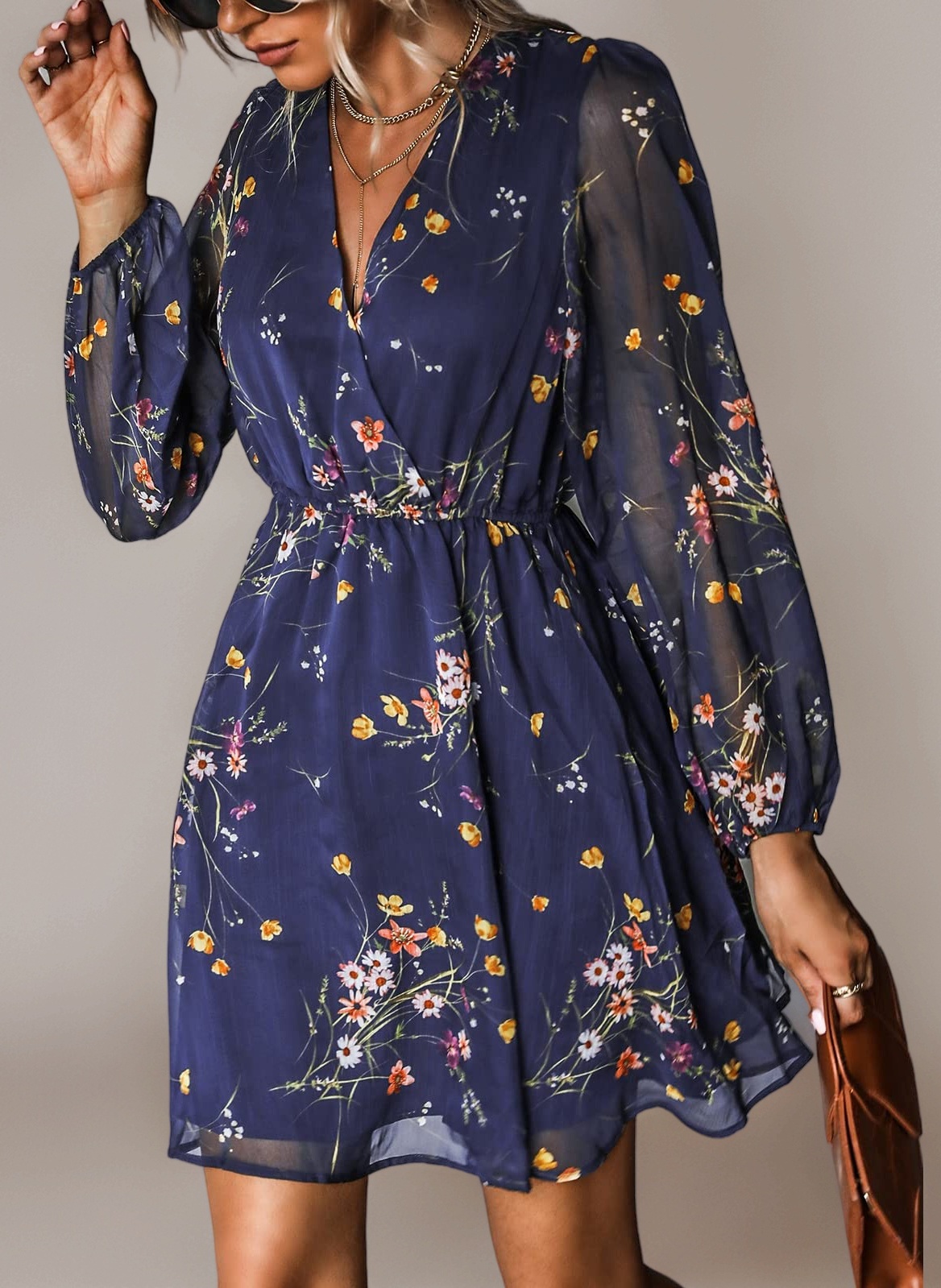 Women's Floral Print Chiffon A-Line Mini Dress Long Peasant Sleeves Elastic Autumn Dress