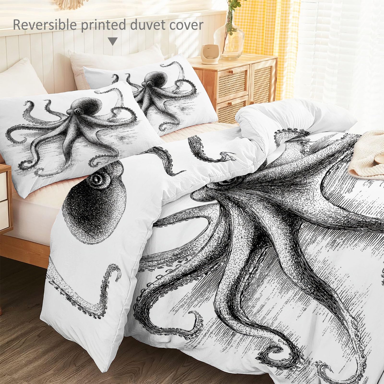 Biała, oddychająca poszewka na kołdrę, 230 x 220 cm, tajemnicze zwierzę morskie, ośmiornica, miękka, łatwa w pielęgnacji, z mikrofibry, portret zwierzęcy, zestaw pościeli z zamkiem błyskawicznym i