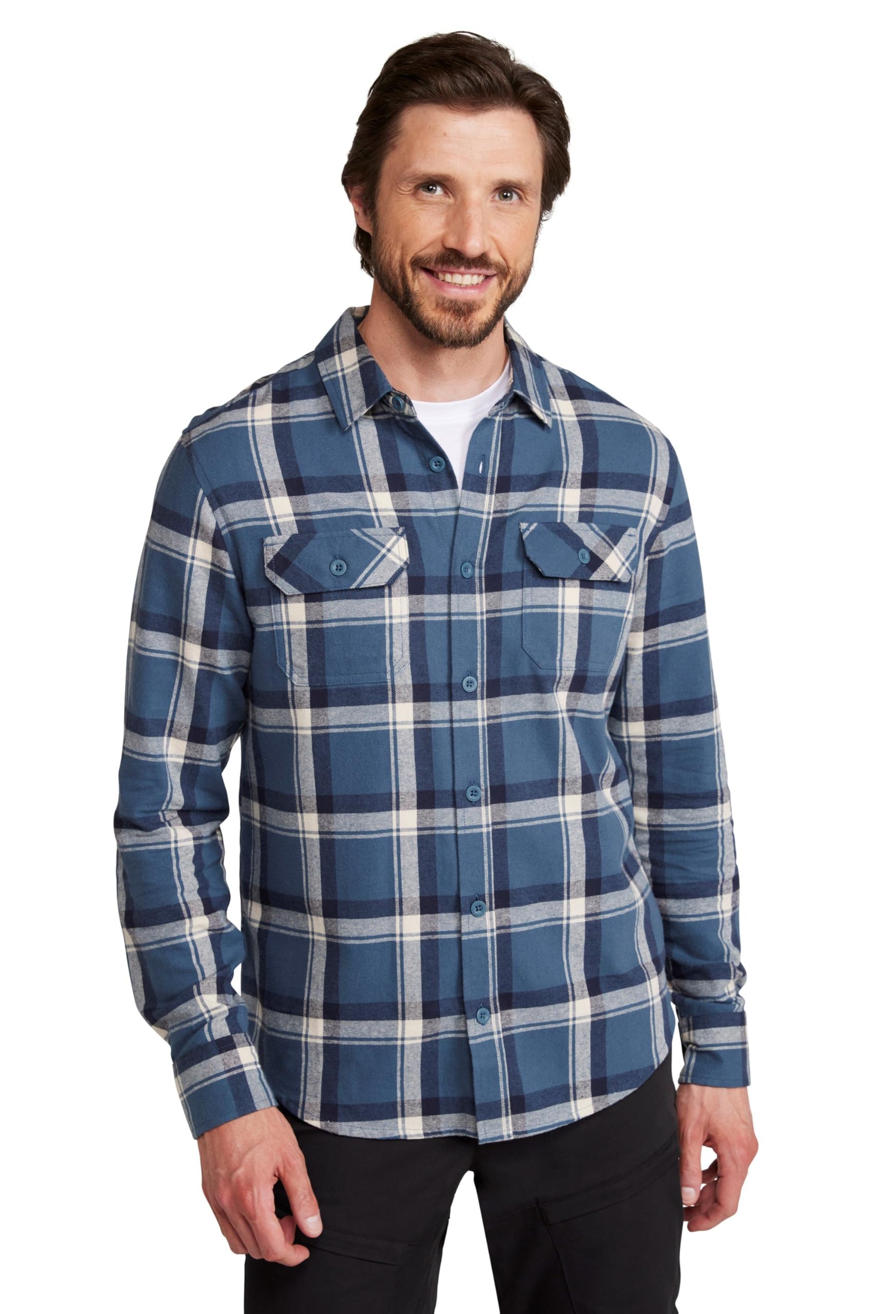Mountain Warehouse Trace Mens Flannel Long Sleeve Shirt - Lightweight & Breathable Casual Checks Shirt in 100% Cotton with Buttoned Front Pockets - for Travel & Walking Petrol 4XL