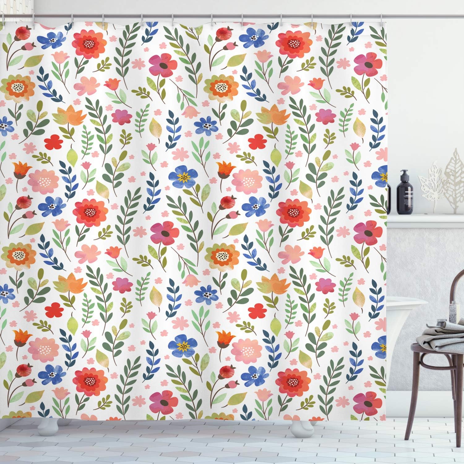 Ambesonne Flower Shower Curtain, Shabby Form Botany Florets Soft Tones Feminine Flourishing Wreath Watercolor Design, Cloth Fabric Bathroom Decor Set with Hooks, 69" W x 70" L, Multicolor Blue