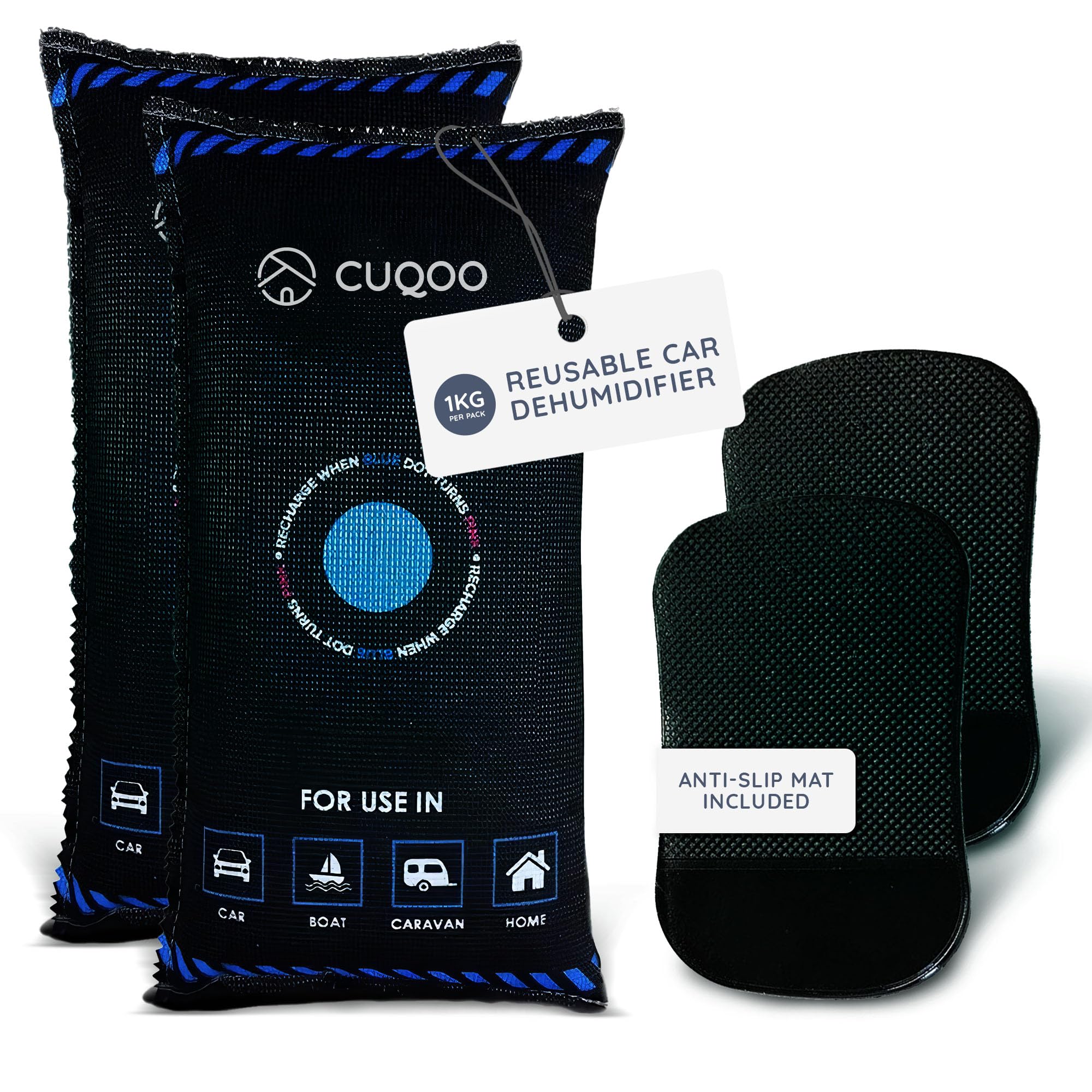 CUQOO Reusable Car Dehumidifier Bag for Car Interior - Moisture Absorber with Dashboard Mounting Anti-Slip Mat, Microwave Fast Reactivated Packets, Rechargeable Dehumidifier