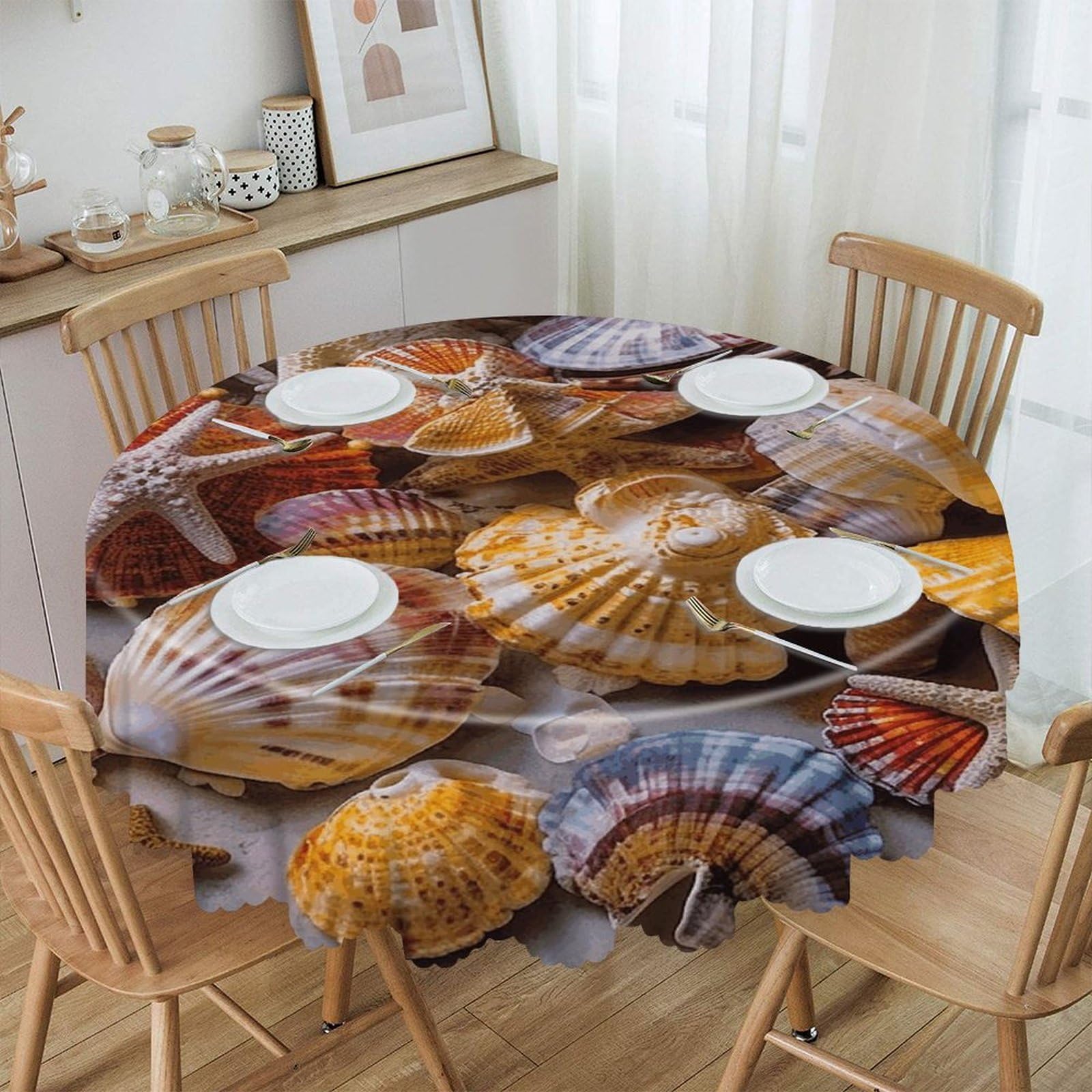 LZQPOEAS Sea Shell Treasures Round Tablecloth Rustic Circle Table Cloth Wrinkle Resistant Decor Tablecloth Waterproof Washable Table Cover for Kitchen Party Dining Table 60 Inch
