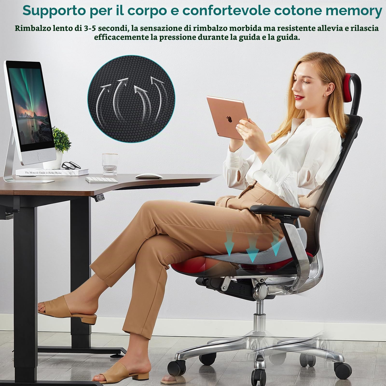 Cuscino Sedia Ufficio Auto XXL, 50x40x10cm, Sedia Ergonomica con Maniglia a Fori, Cuscino Memory Foam Ortopedico, Antidecubito, Traspirante, Cuscino Ciambella per Coccige Rotelle Gioco Rilievo