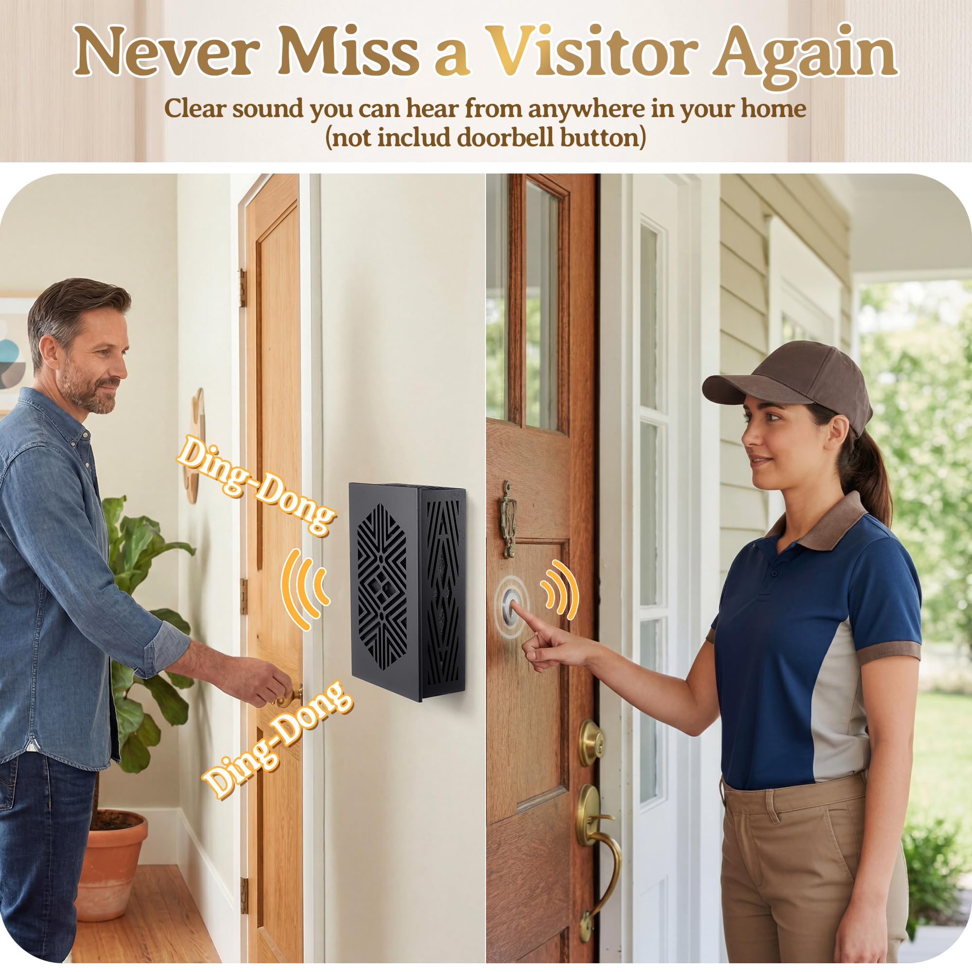 Timbre mecánico con cable, 16 V 10 VA con cubierta de madera, timbre de puerta delantera y trasera para pared interior del hogar con tornillos y cinta adhesiva, dos sonidos fuertes (negro)