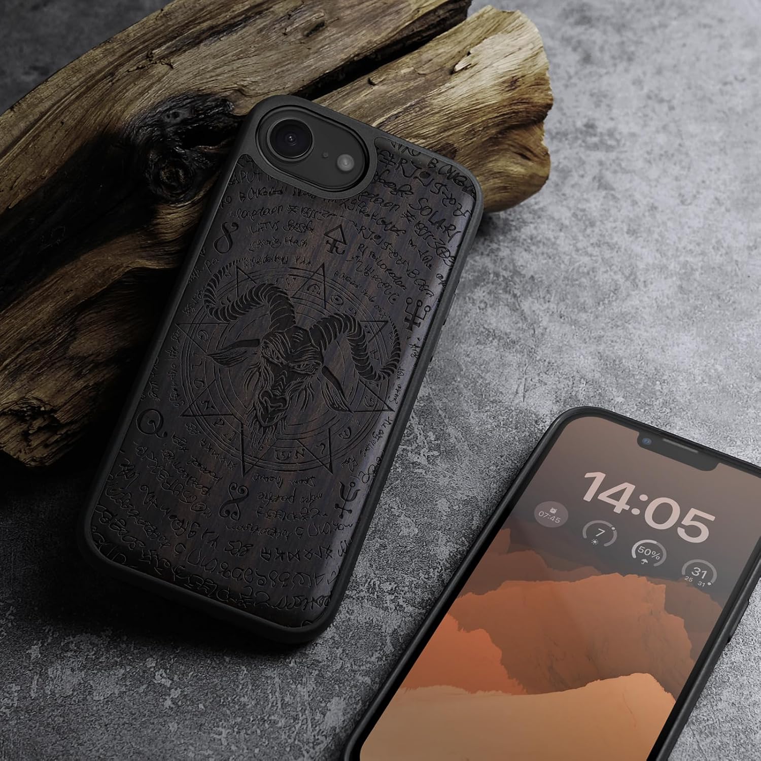 Carveit Magnetic Wooden Case for iPhone 16e / 17e, Solid Wood & TPU, Artisan Engraved Design, Shockproof Cover, Compatible with MagSafe Wireless Chargers, Horned Goat - Blackwood