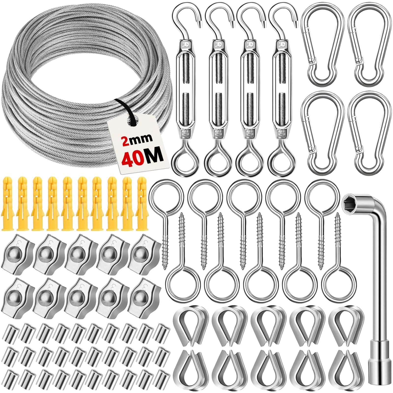 Kit Câble Acier Inox 40M 2mm avec Tendeur Fil à Linge et Serre-Câble, pour Plantes Grimpantes, Rideaux, Clôture, Treillis, Étendoir Extérieur, Jardin, Décoration et Fixation DIY