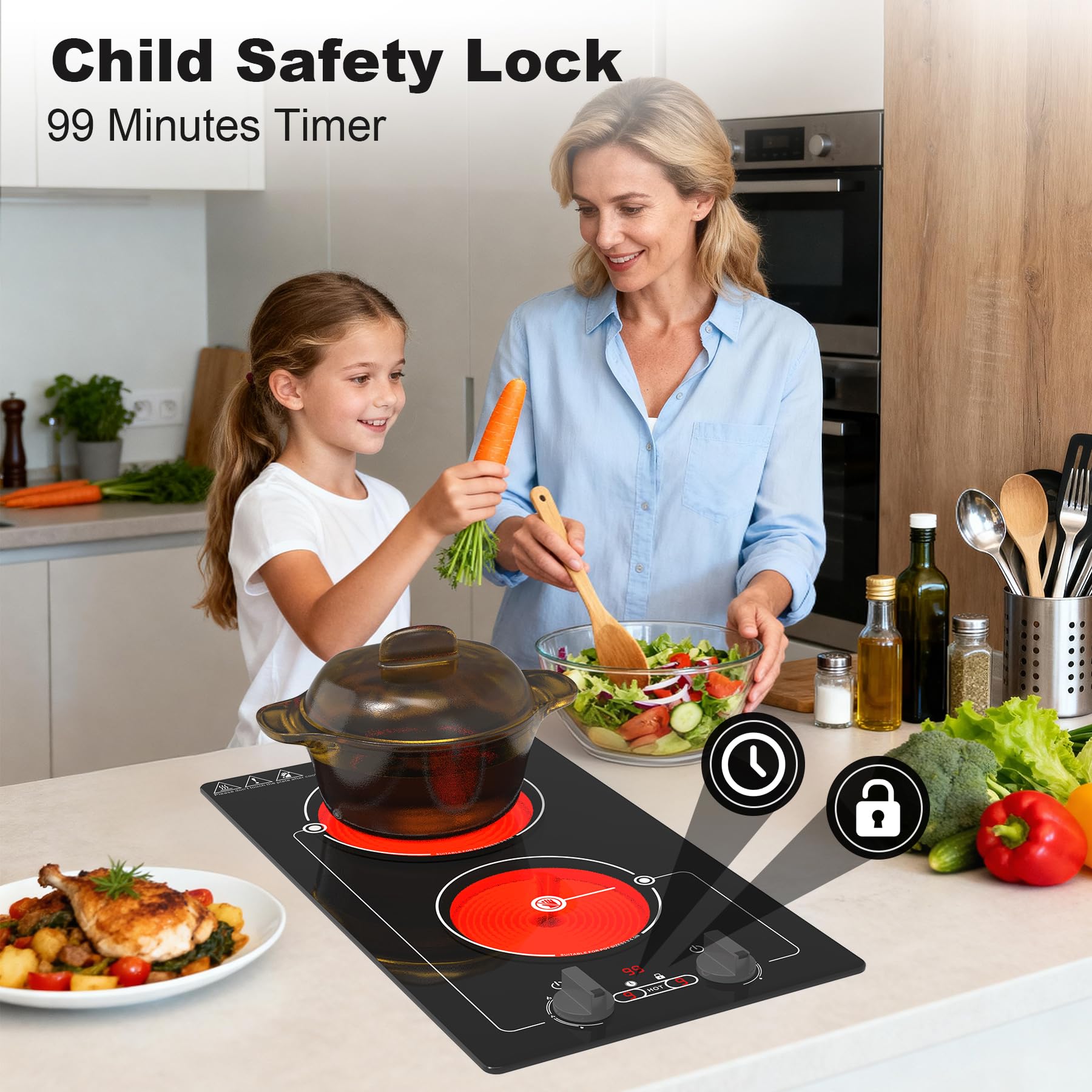 VBGK electric hob,Built-in Design and Countertop Stove Top with Knob Control&Touch Control,10 Power Level, Timer & Kid Safety Lock,220V 3000W 2 burner electric hob — view 7