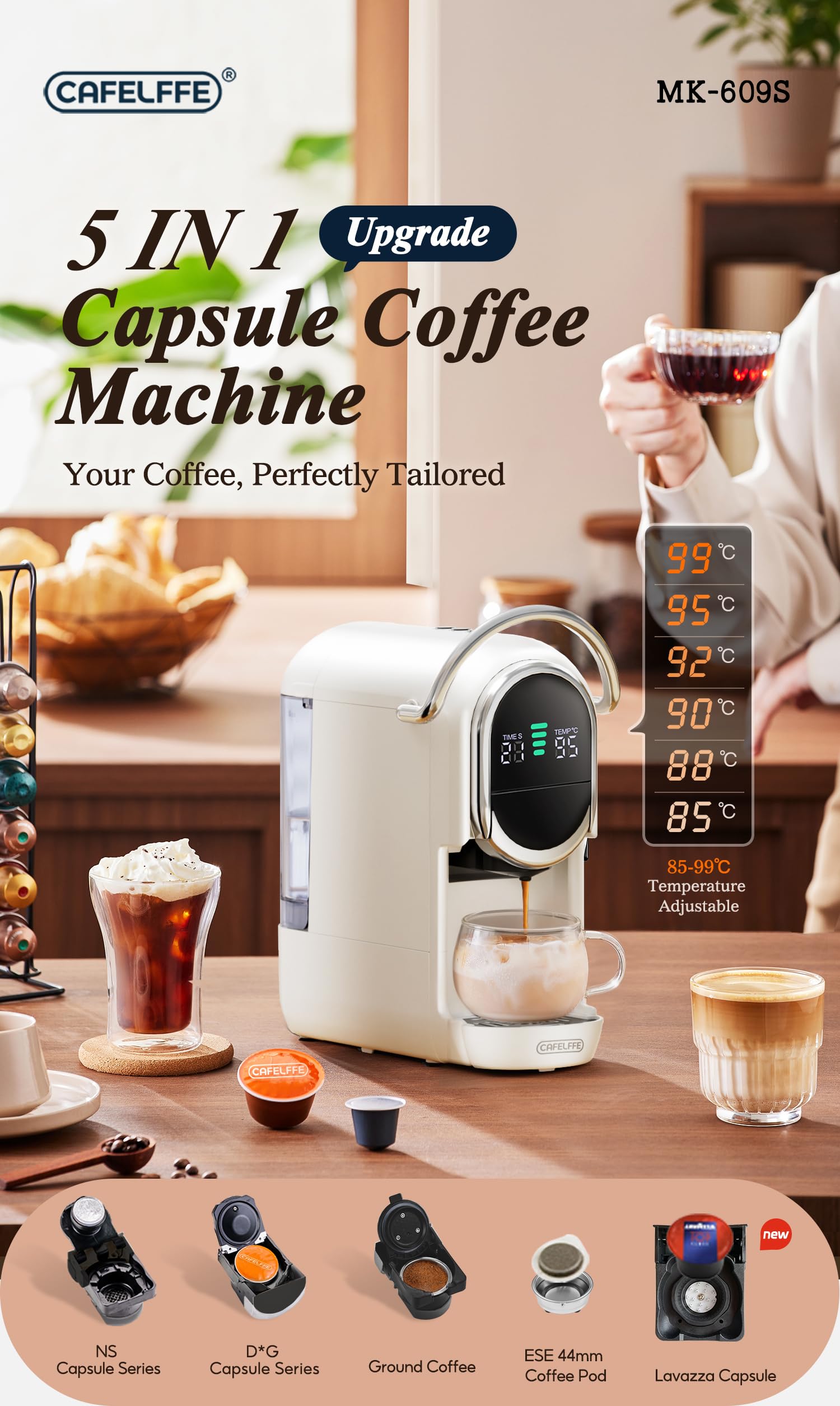 CAFELFFE MK-609S wielofunkcyjny ekspres do kawy na kapsułki 5 w 1, 7 rozmiarów zaparzania i parzenia na gorąco/zimno, 19 bar, kompatybilny z Nes Original/DG/ESE/Lavaz* A Modo Mio/mieloną kawą, 1450 W
