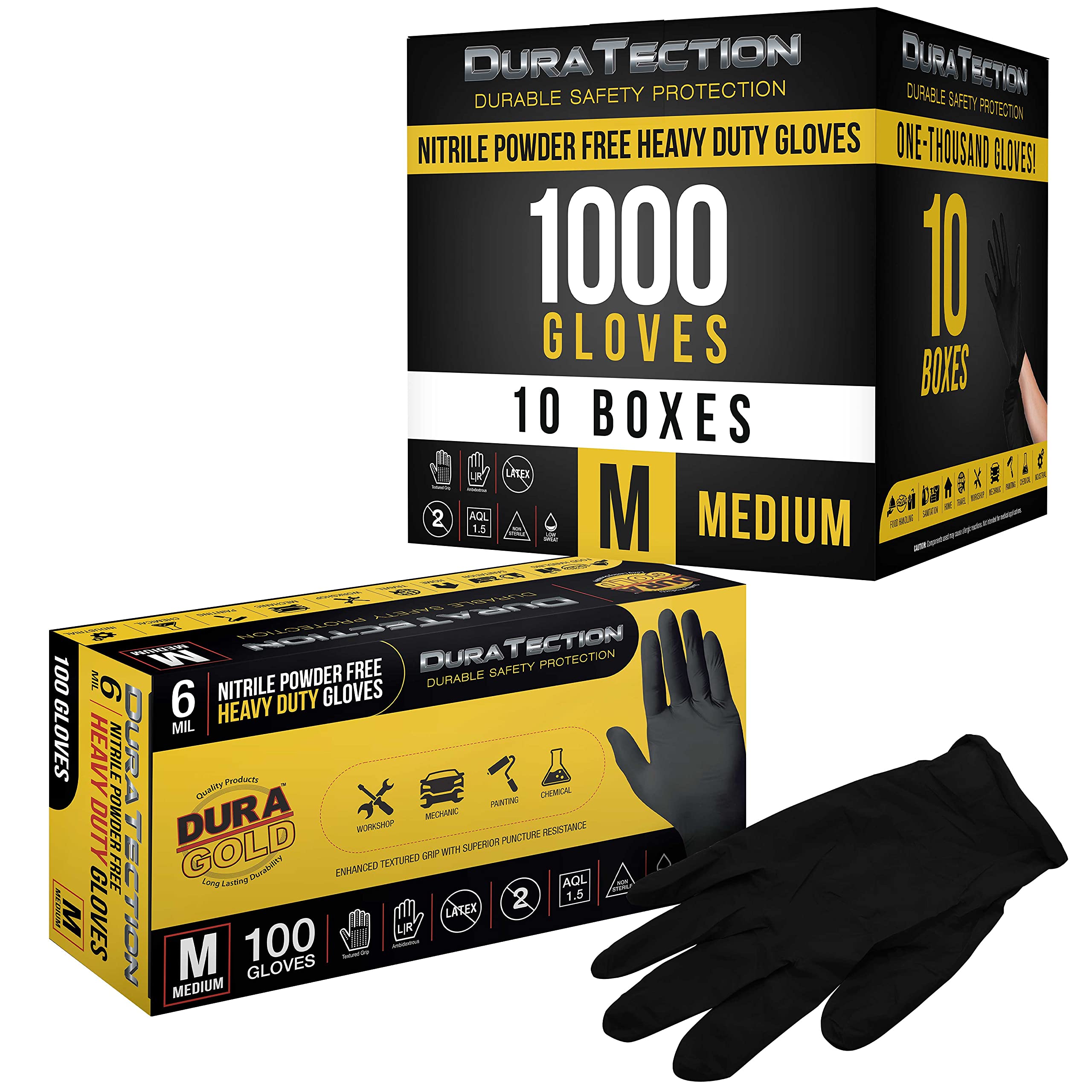 Dura-Gold HD Lot de 10 boîtes de 100 gants jetables en nitrile Noir Taille M 6 mm – Sans latex, sans poudre, grip texturé