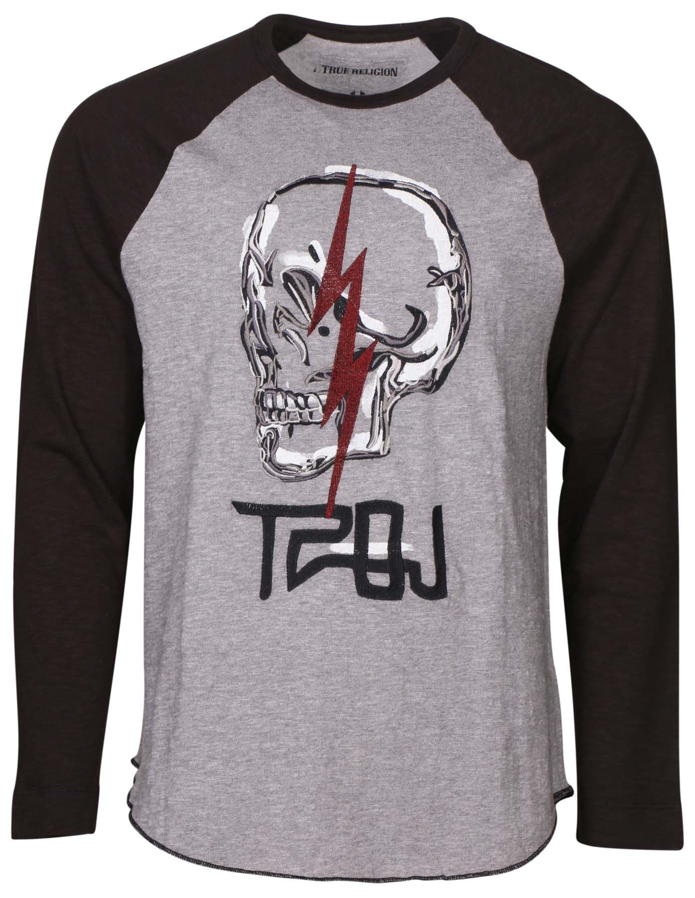 True Religion Men's TRBJ Skull Raglan Long Sleeve Tee T-Shirt in Heather Grey/Black