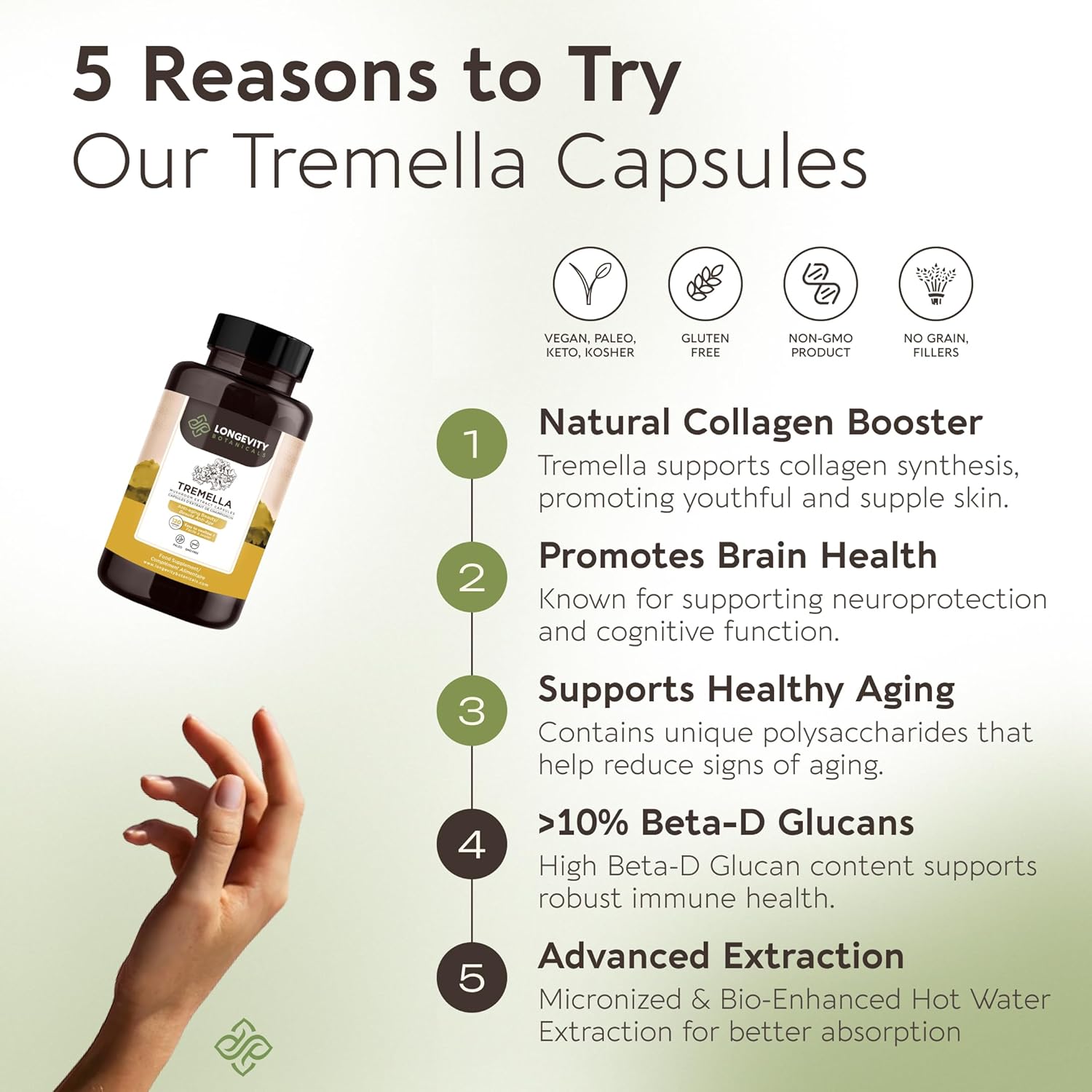 Organic Tremella Mushroom Capsules Supplement (120) | Fruiting Body 10:1 High Strength Snow Fungus Extract | 10% Beta-D Glucans | 9,000mg Raw Equivalent Per Serving | Skin Hydration & Brain Support - Image 3
