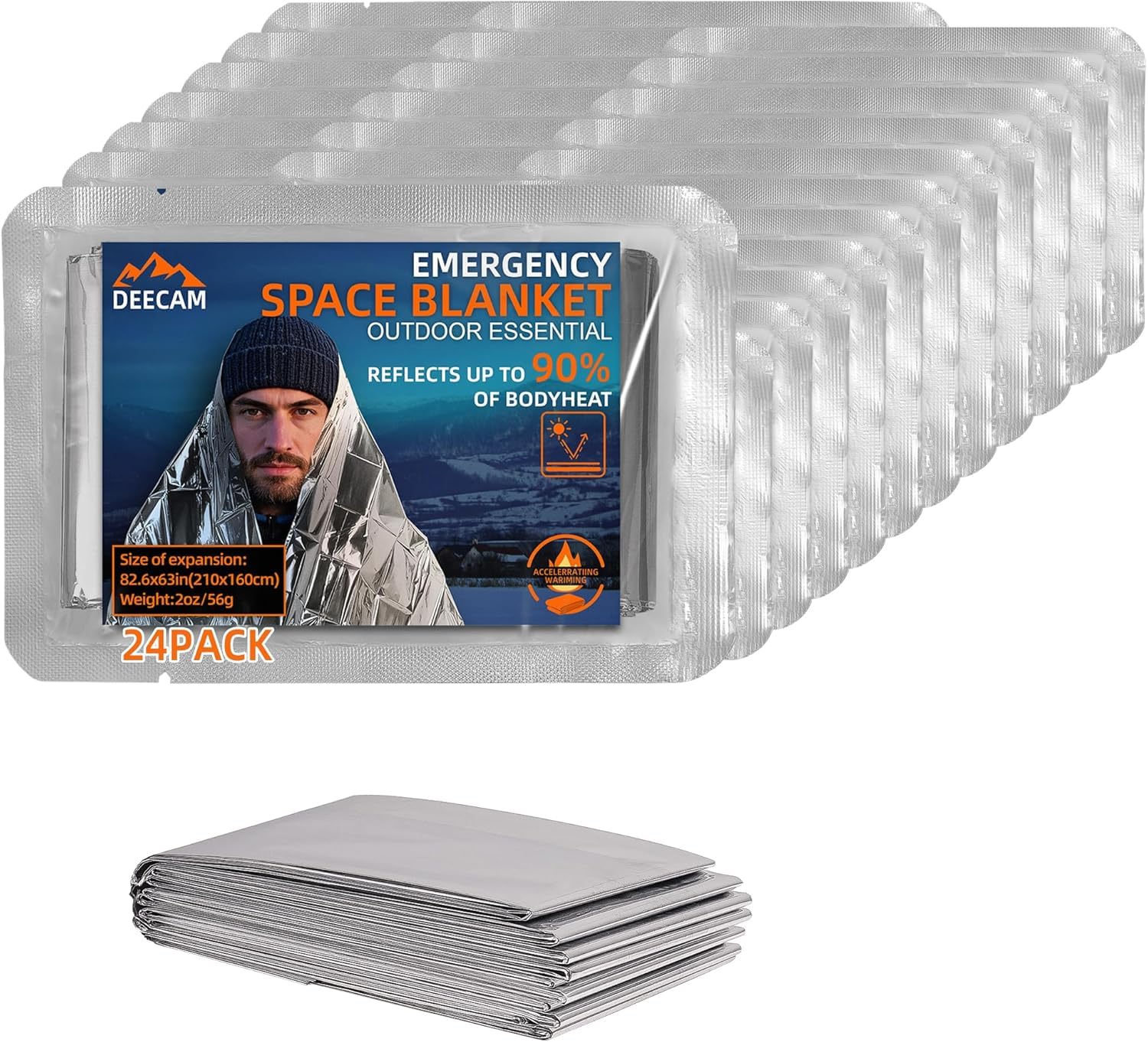 Deecam Lot de 24 couvertures de survie d'urgence en aluminium, couvertures thermiques en Mylar pour la chaleur corporelle, équipement d'urgence pour le plein air, la randonnée, le camping et les