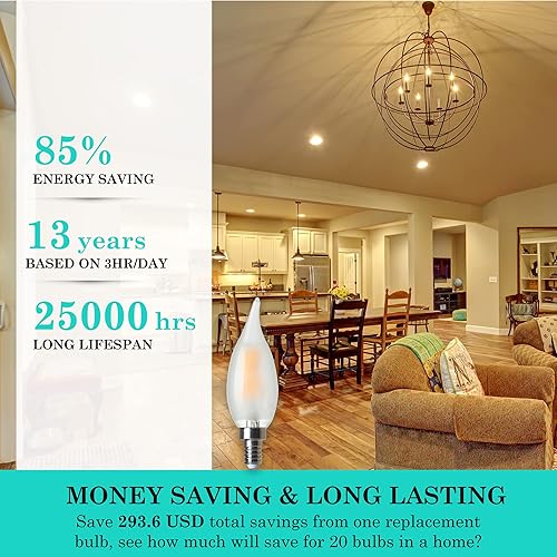 Miniatura 8 de Bombilla LED esmerilada E12 tipo C de 2200 K, equivalente a 40 vatios, luz de candelabro regulable de base pequeña, ideal para comedores, salas de