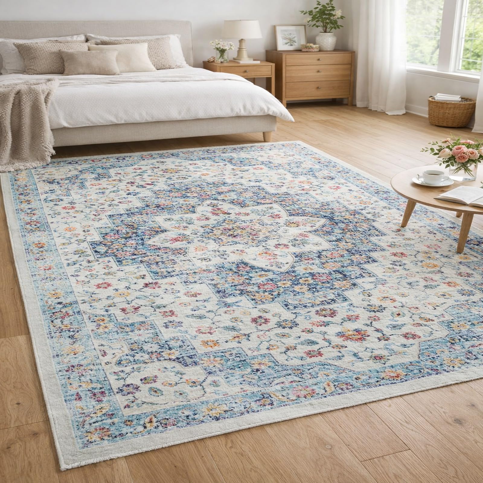 Tapis doux poils courts vintage blanc bleu rose antidérapant