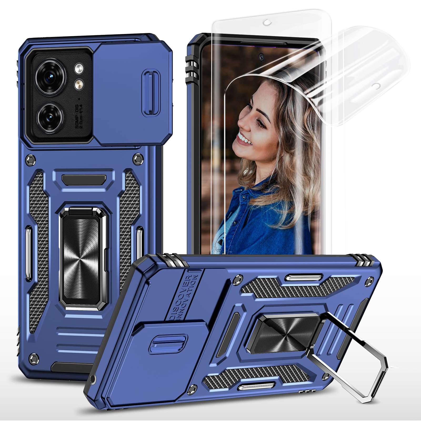 Jeylly for Moto Edge 2023 Case with Slide Camera Cover & Screen Protector [2 Pack], Magnetic Ring Kickstand Holder Full Bo...