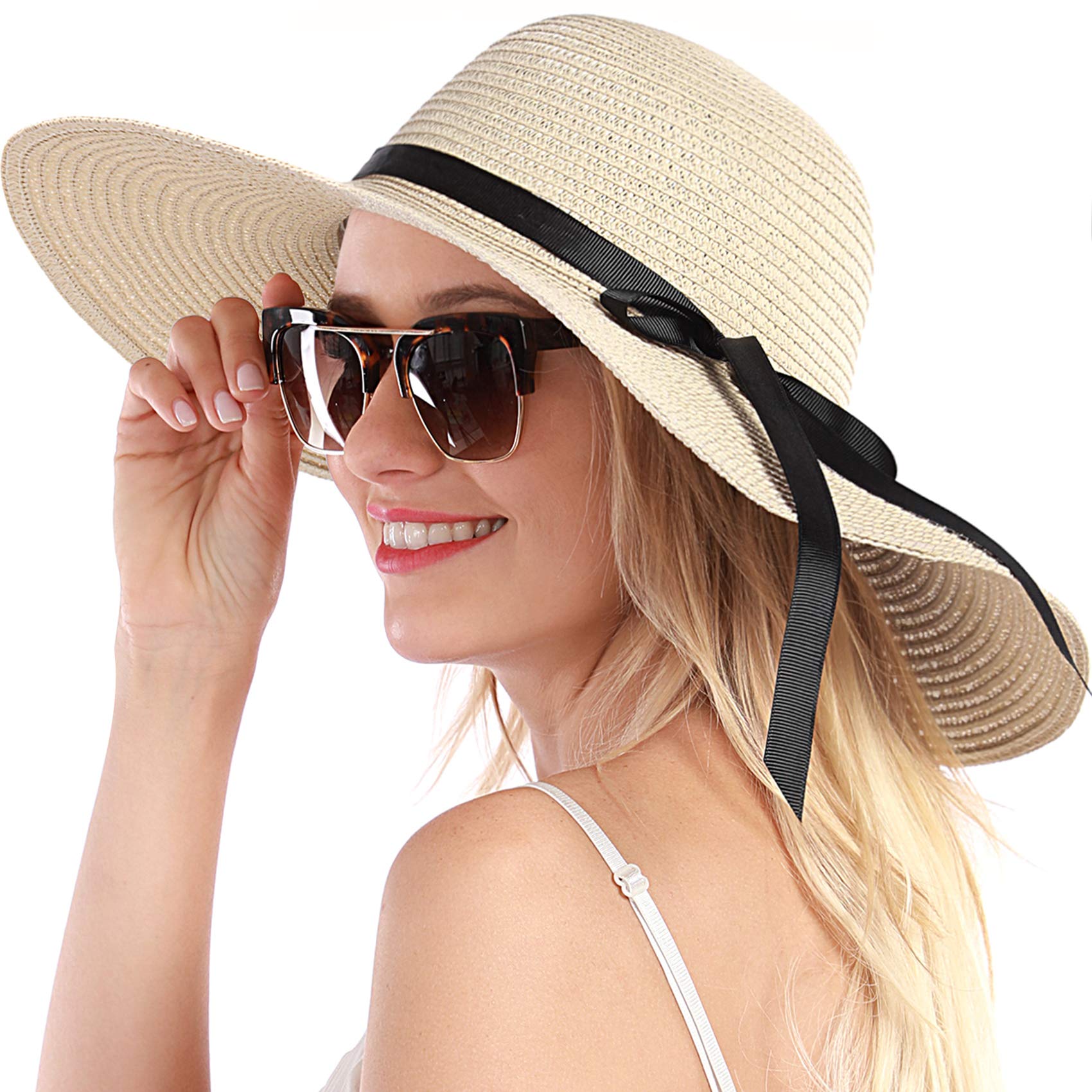 Womens Straw Hat Wide Brim Floppy Beach Sun Hat for Women UPF 50+ Adjustable Strap Vacation