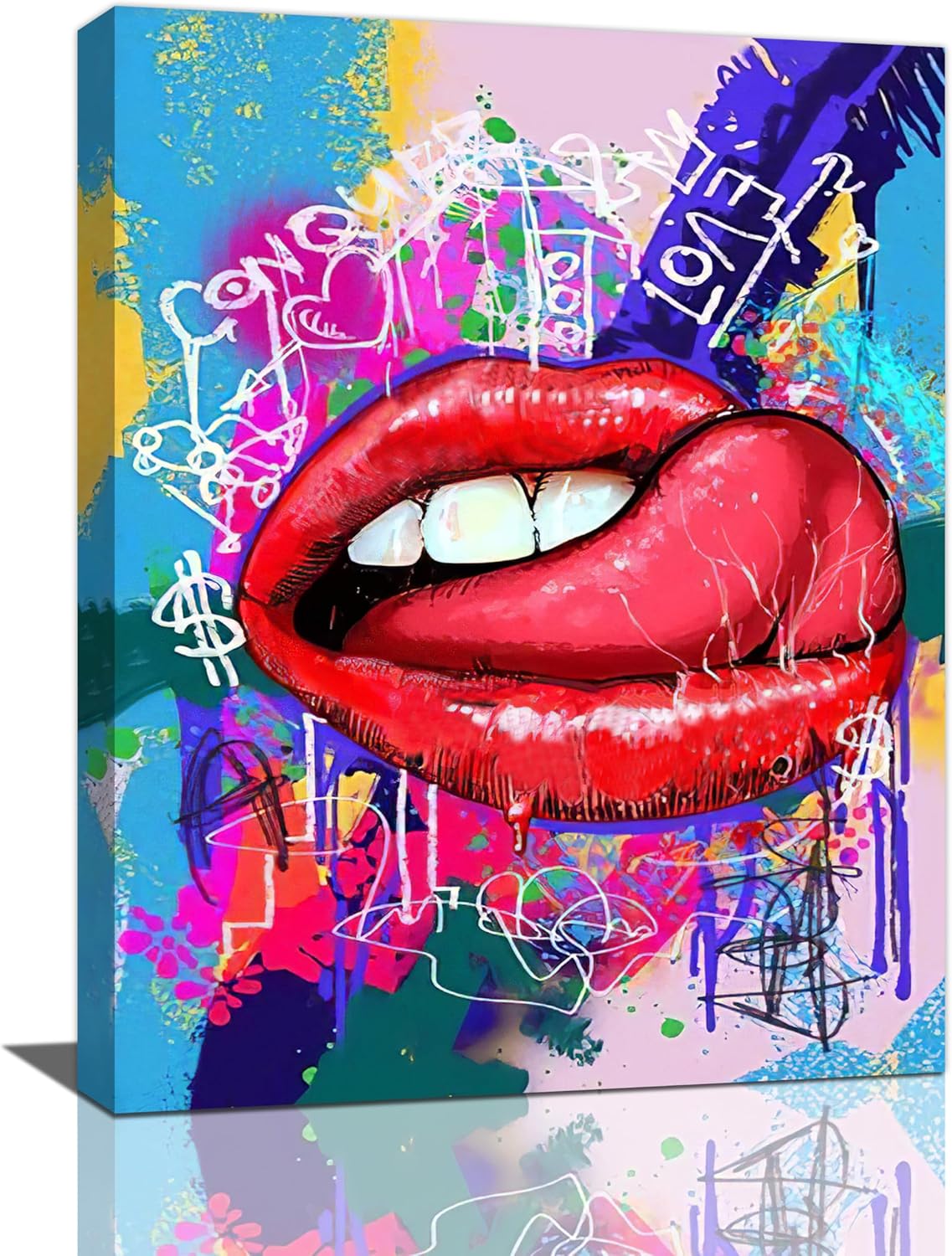 Red Lips Canvas Wall Art Banksy Street Graffiti Pictures Wall Decor Colorful Mouth