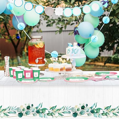 Miniatura 6 de Tatuo Paquete de 6 manteles de plástico con hojas de eucalipto, hojas verdes salvia, 54 x 108 pulgadas, manteles desechables para primavera, baby