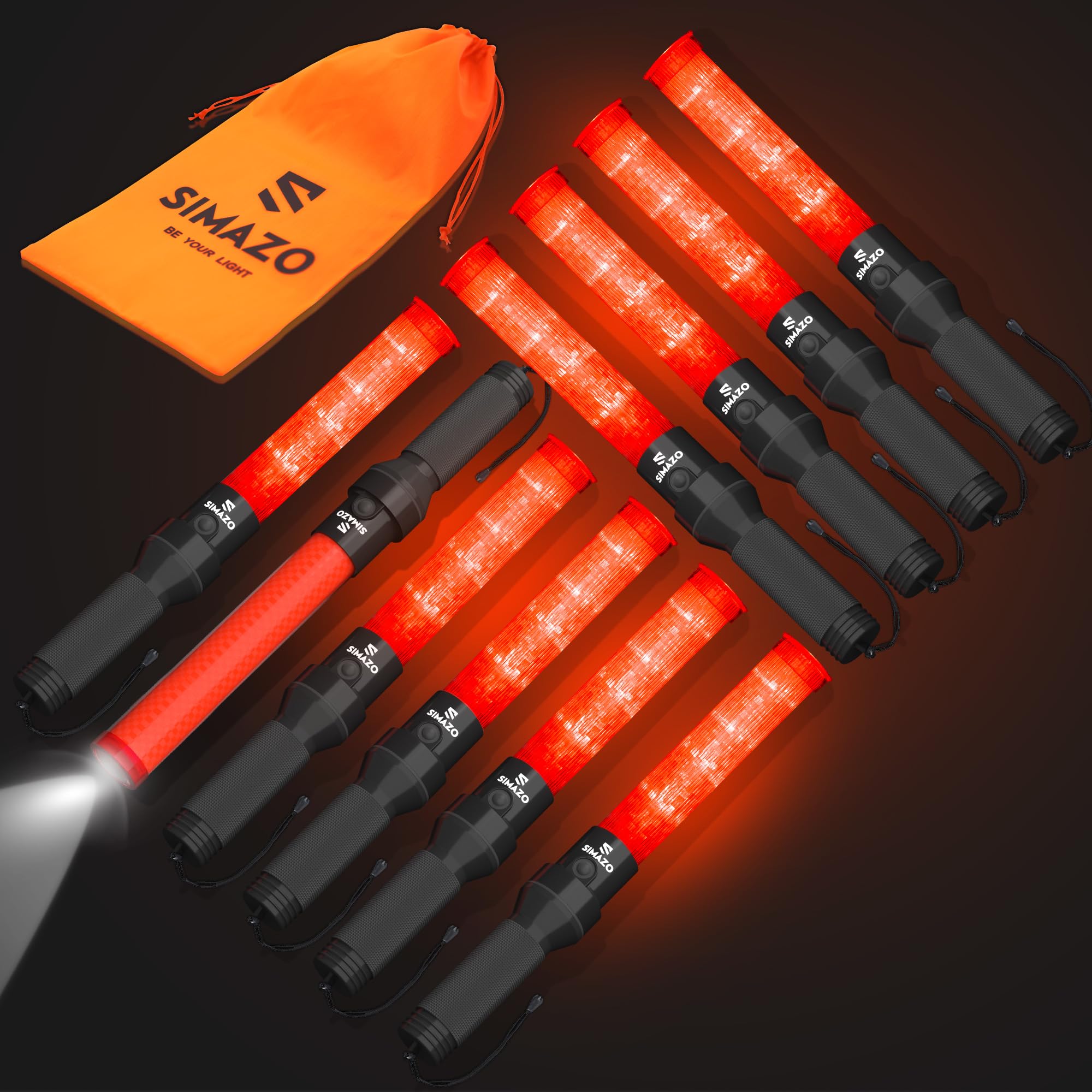 10 Pack Traffic Wand, 16 Inch Traffic Control Wand with White LED on Top, Traffic Safety Signal Baton with 3 Flashing Modes for Parking Guides, Car Directing, Air Marshalling