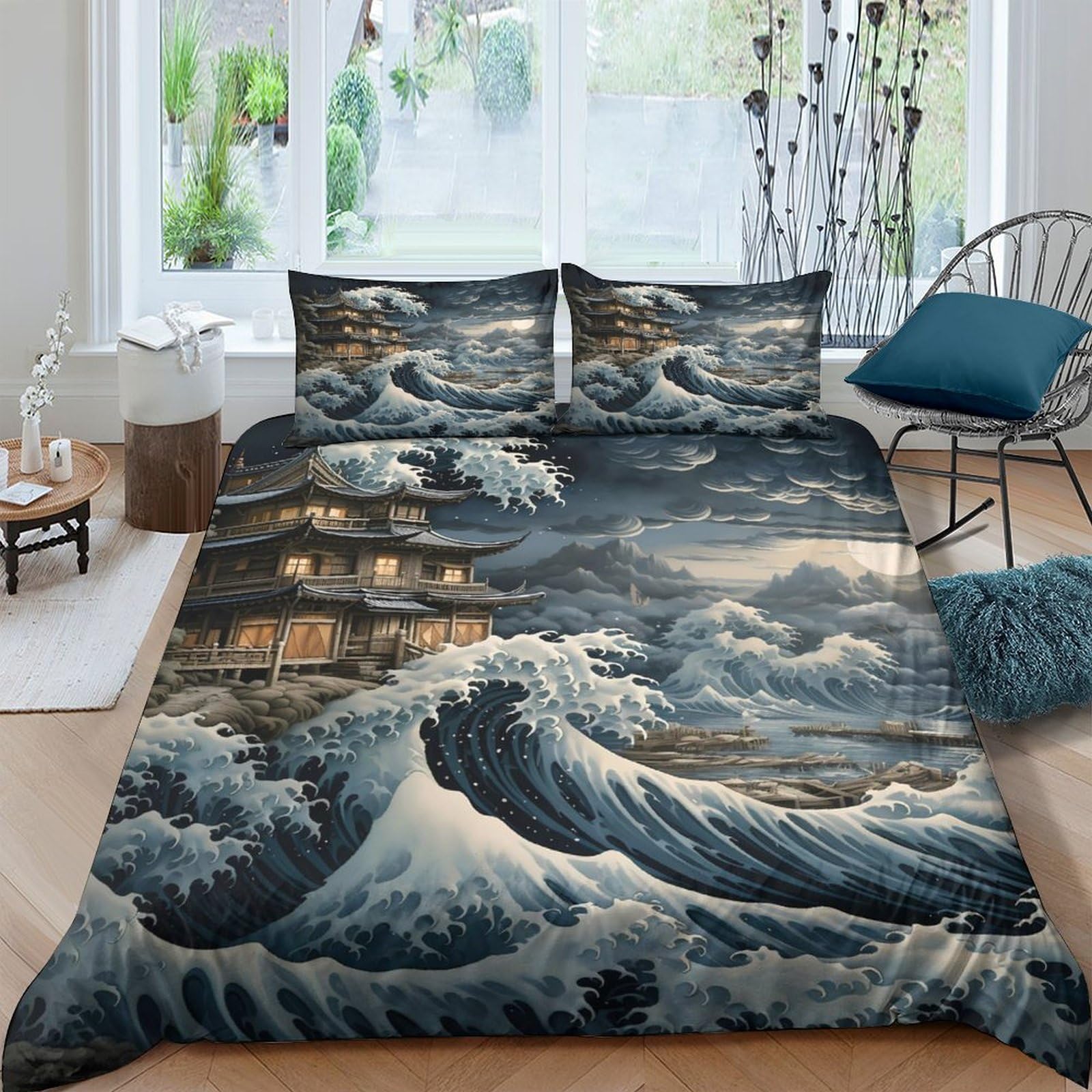 Ctjqhvkz Style-6 3D Printed Great Wave Fitted Sheet Microfiber Japanese Temple Mattress Cover Anti-Slip Washable For Bedroom Decor Single（135X200cm）