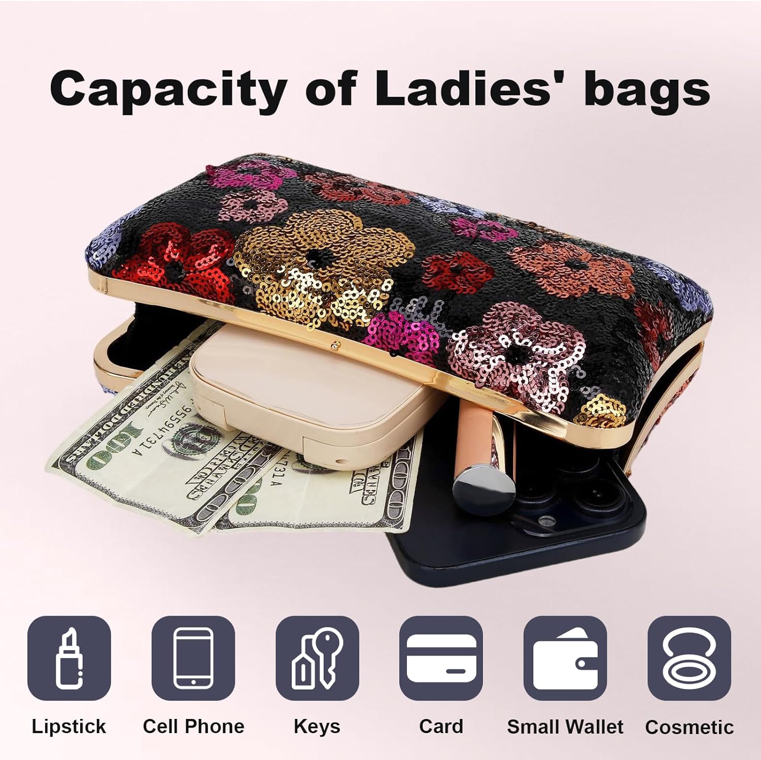 Women's Floral Evening Clutch Bag - Colorful Flower Handbag with Metal Rhinestones