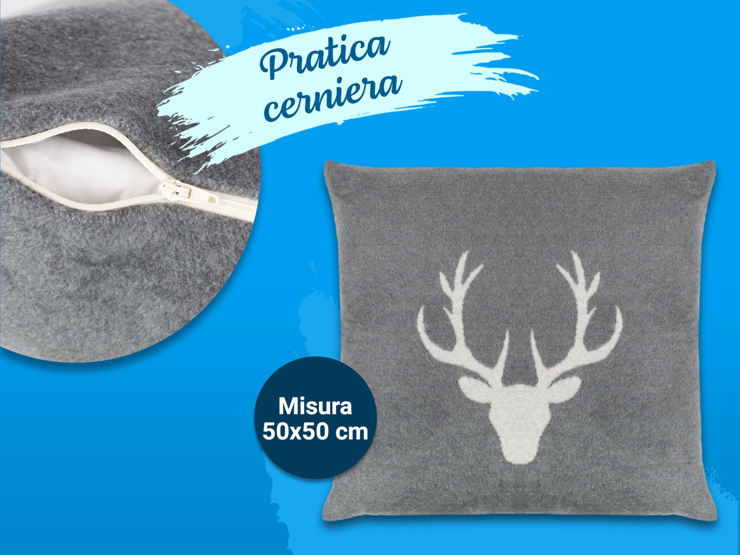 ZOLLNER 2 Fodere decorative per cuscini - 50x50 cm - copricuscini morbidi e soffici - grigi con testa di cervo - lavabile a 40°C - Certificato OEKO TEX (R)
