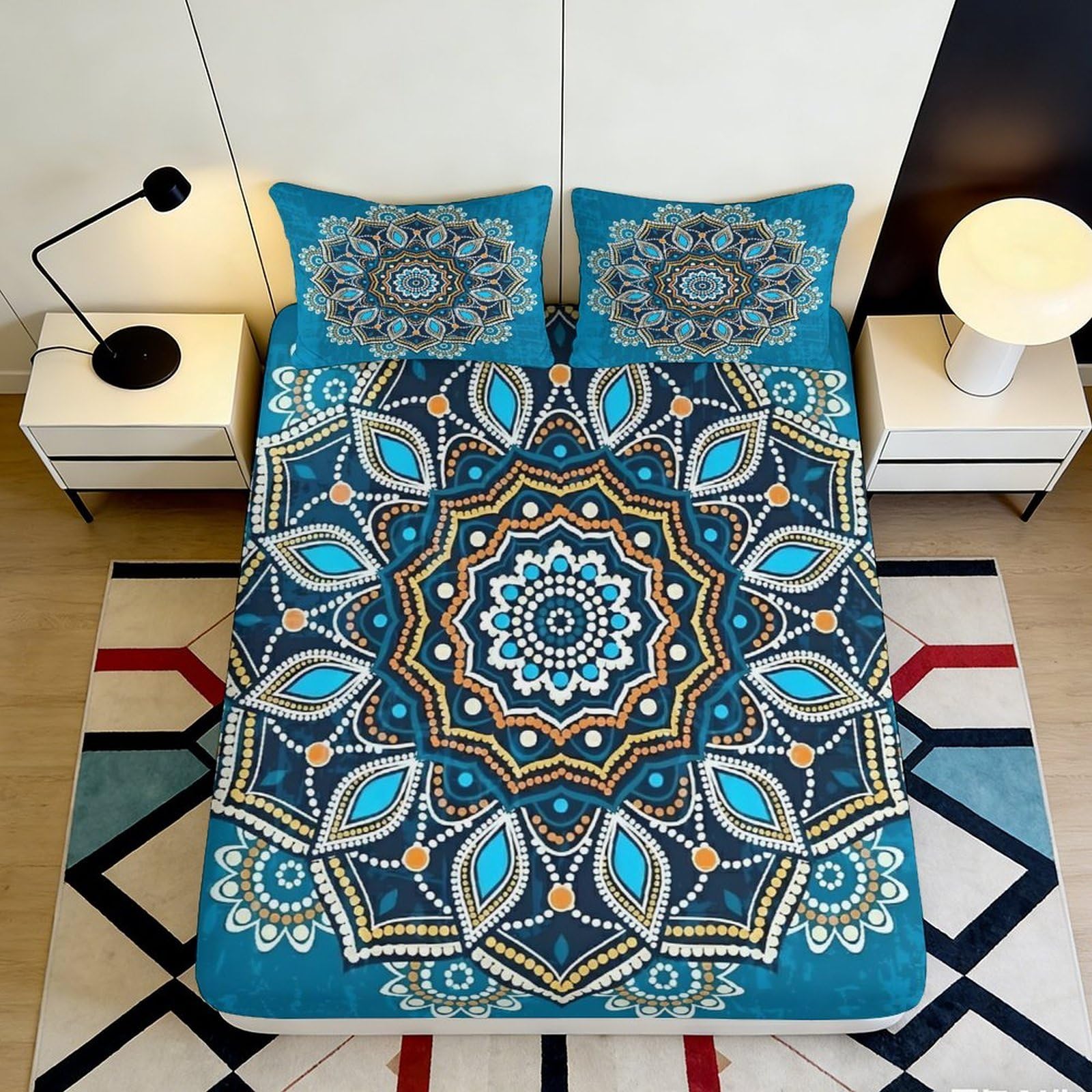 Pnayamiorkfel Style-4 3D Printed Mandala Blue Fitted Sheet Microfiber Soft Slip-Resistant Boho Geometric Mattress Cover For Bedroom Dorm Decor 90X200x25cm