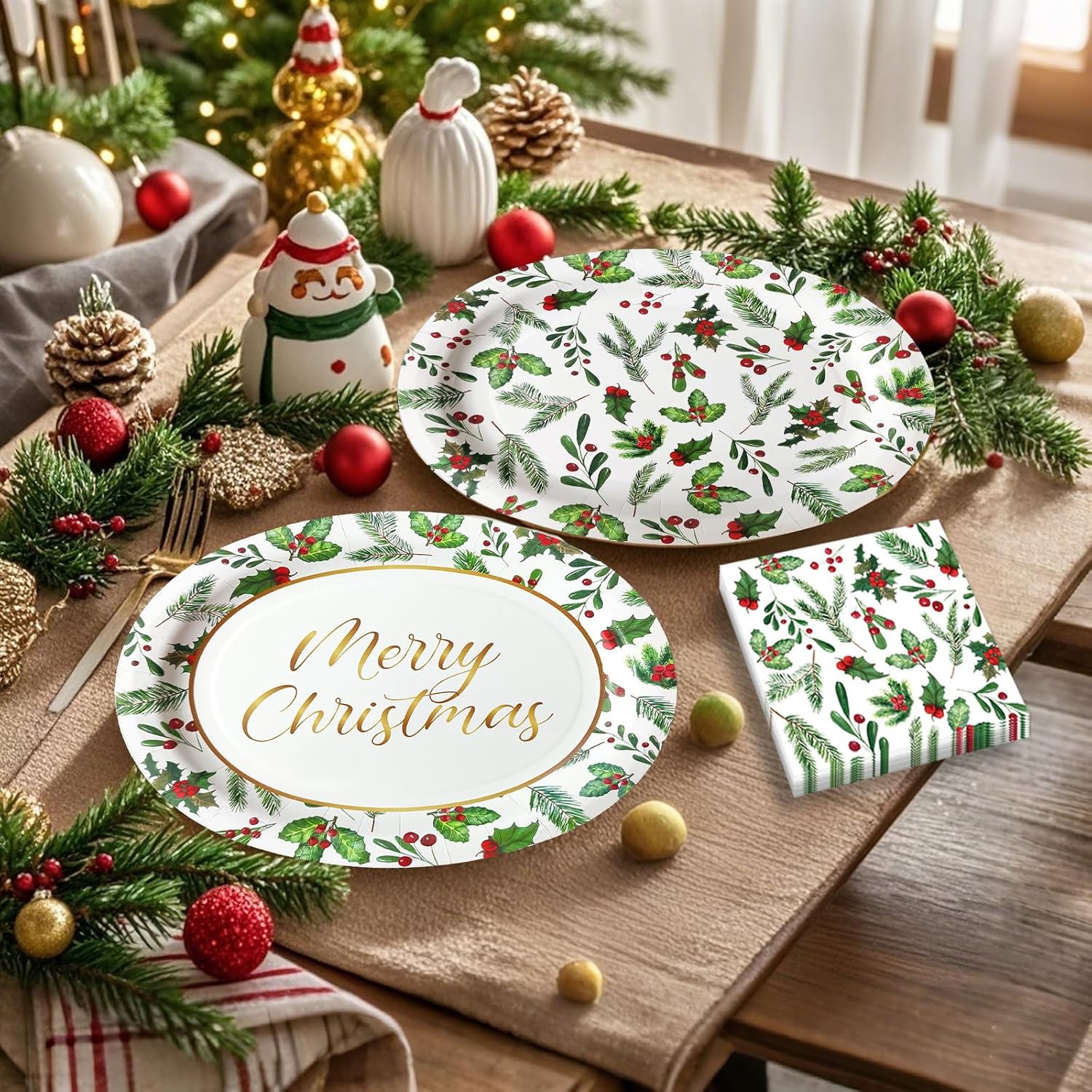 100Pcs Christmas Oval Paper Plates and Napkins Set -10" x 12" Large Disposable Party Plates for Christmas Party Dinner Tableware Decoration Supplies - Image 4