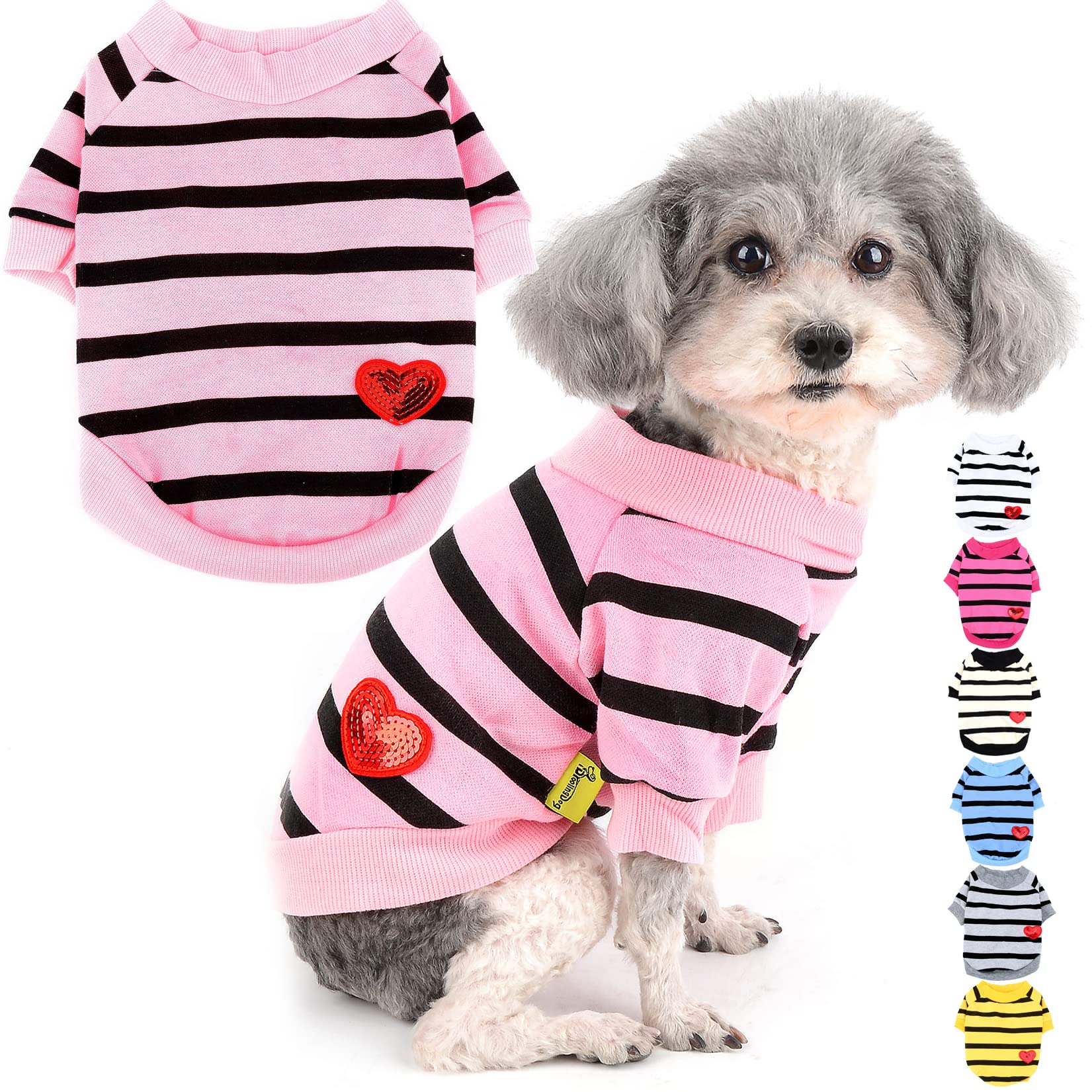 Zunea Dog Shirts for Small Dogs Summer Basic T-Shirt Striped Puppy Clothes Sequins Love Heart Sweatshirt Soft Cotton Short Sleeve Tee Shirt Pet Clothing Pullover Chihuahua Apparel Babypink XS